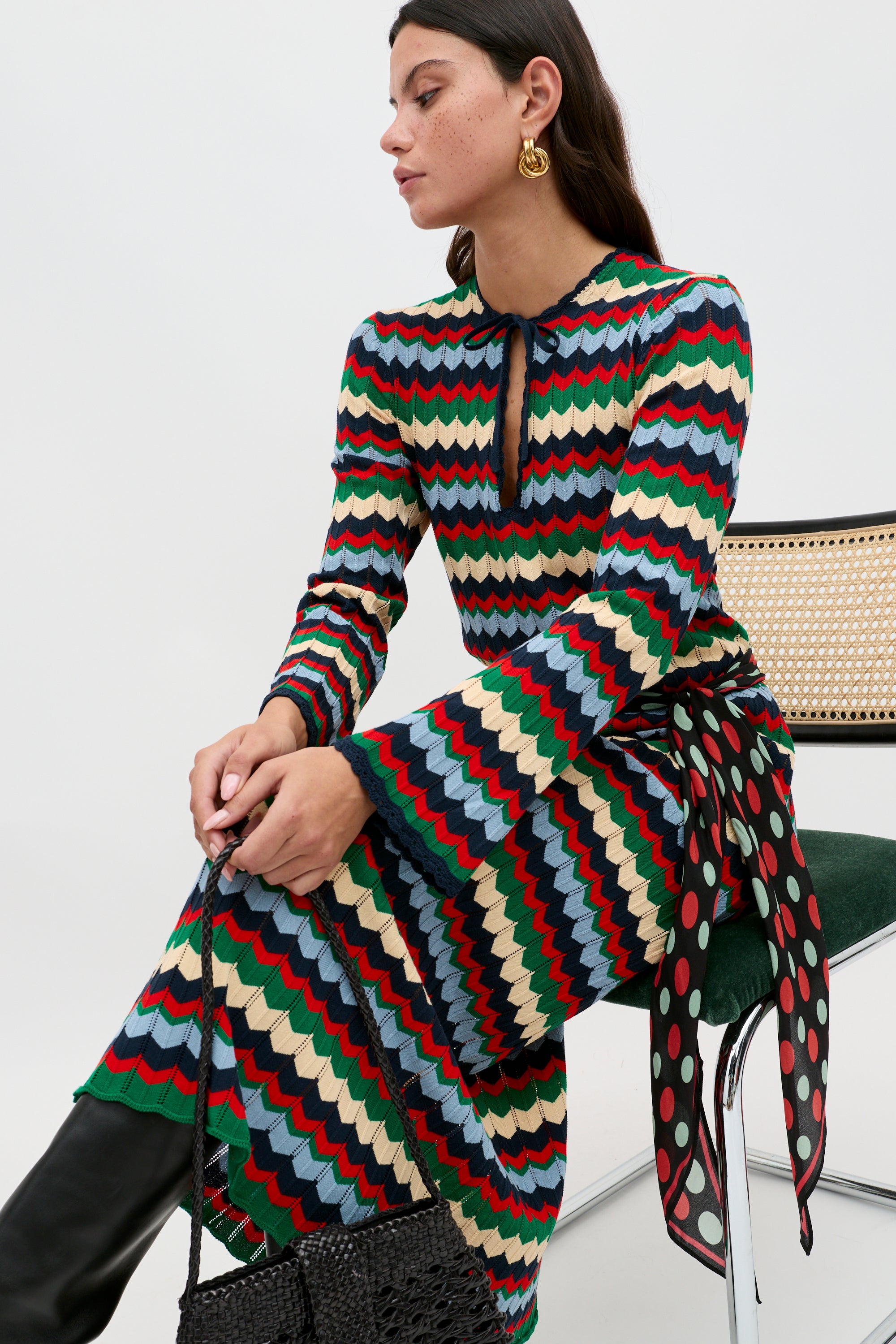 Lucila Knitted Midi Dress in Multi Retro Chevron Blue