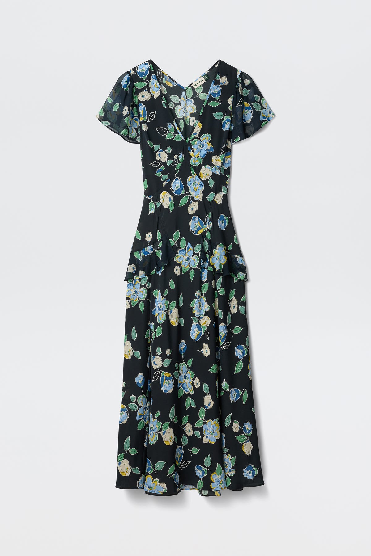 The Evie - Kimmie Floral Navy is a black, short-sleeved V-neck midi dress with a blue and green floral print and a flared skirt, shown against a plain white background.