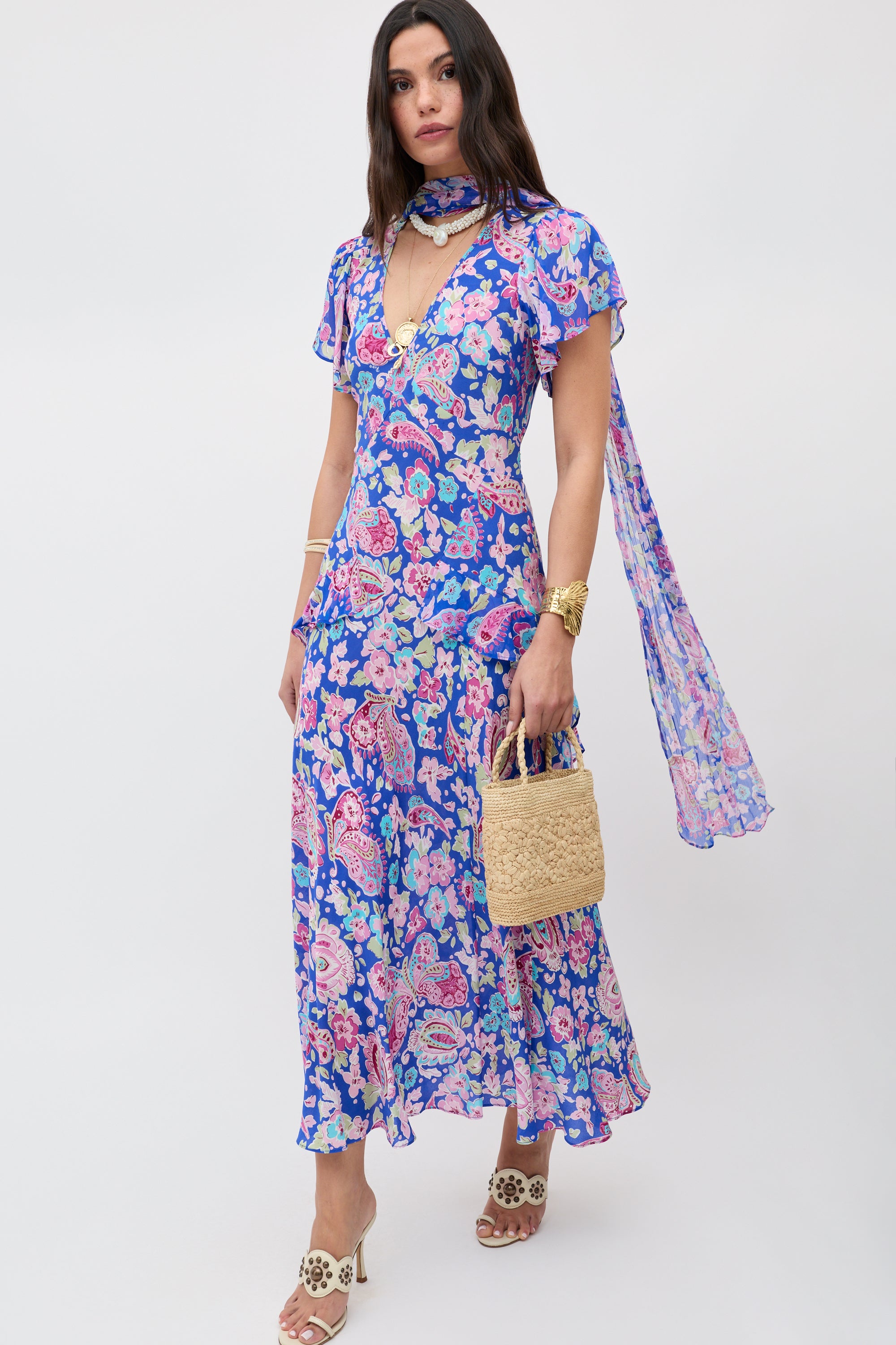 Evie Silk Midi Dress in Cara Floral Blue Evie Silk Midi Dress in Cara Floral Blue