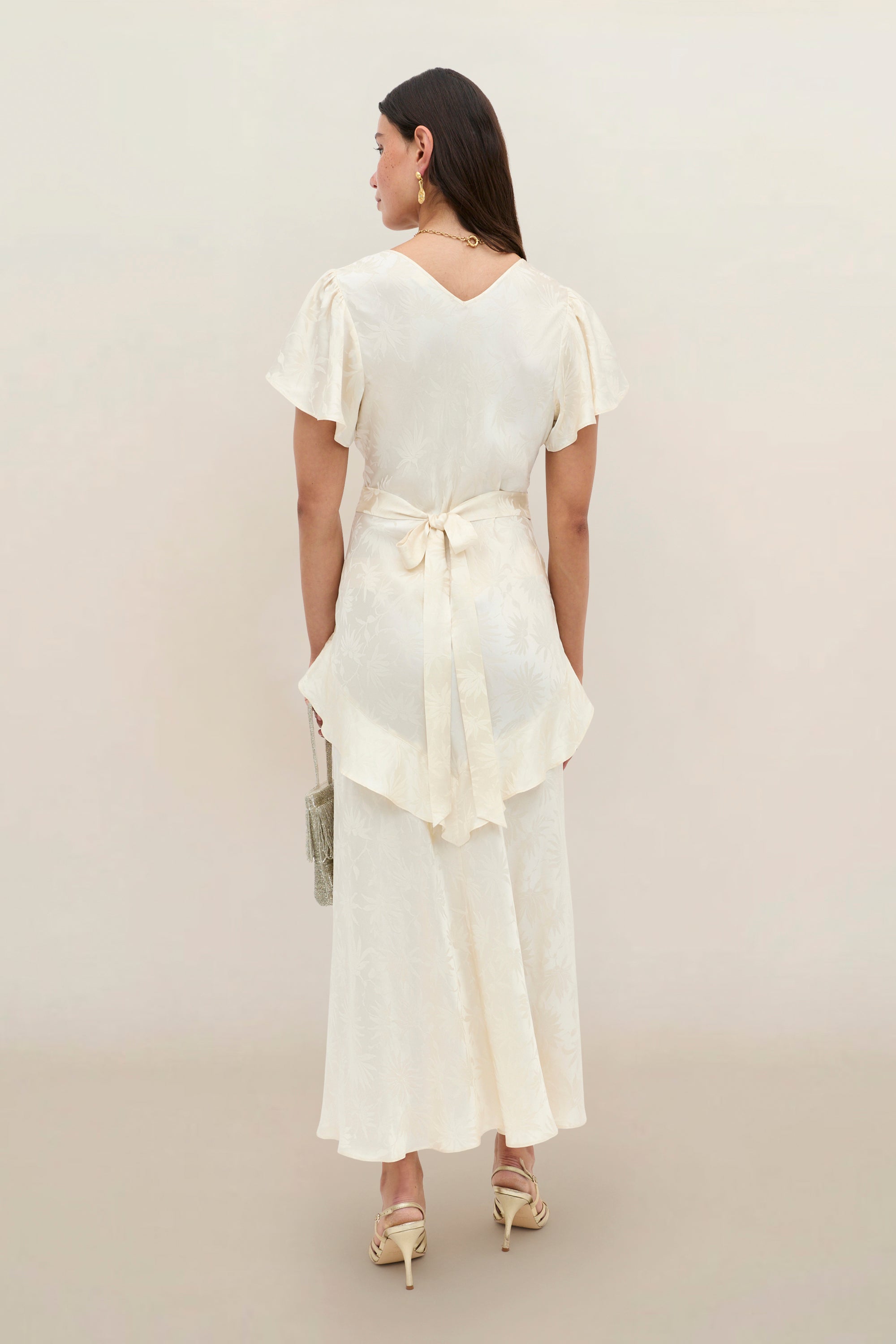 Evie Silk Jacquard Midi Dress in Cream Daisy Jacquard Champagne