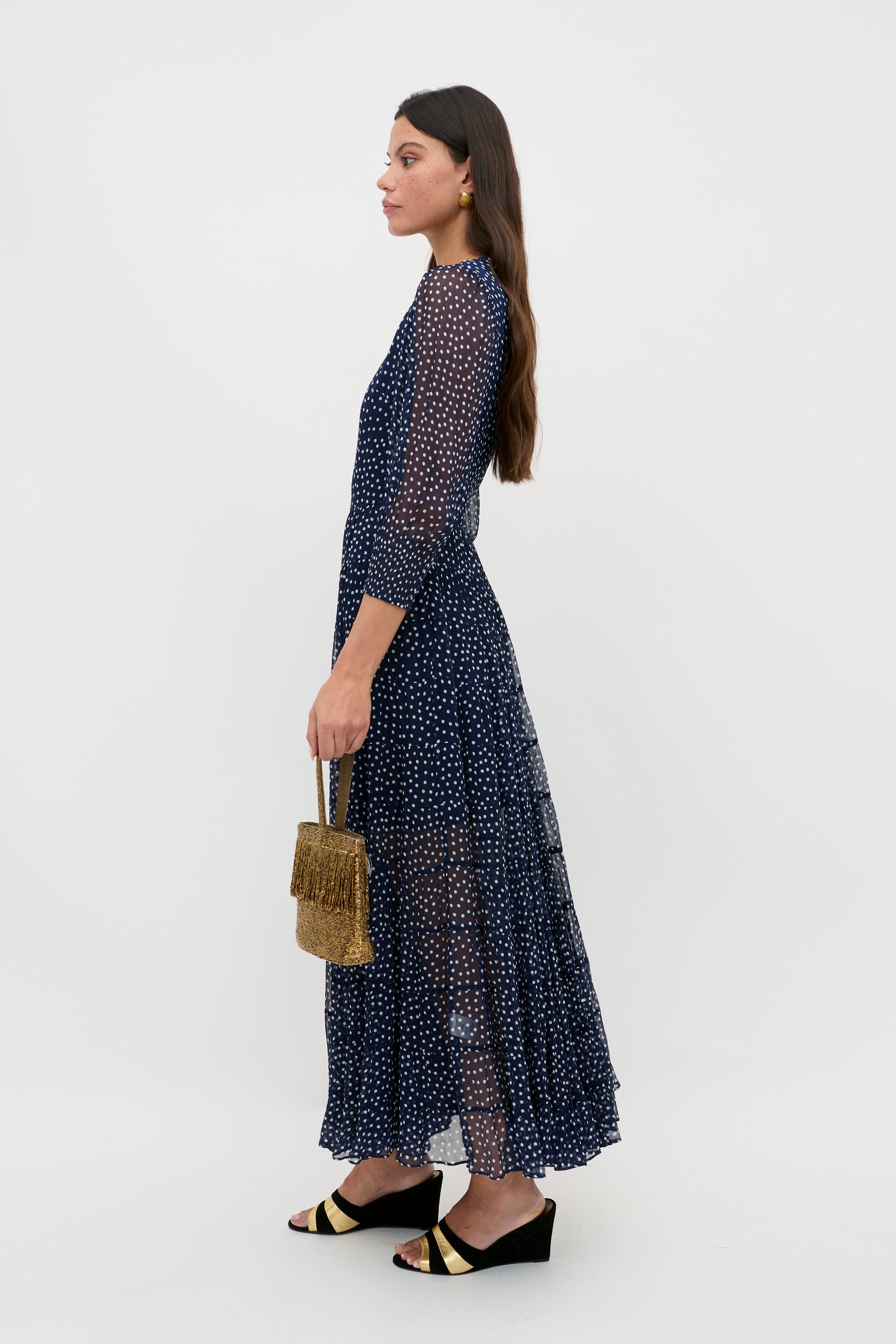 Kristen Georgette Midi Dress in Polka Dot Navy