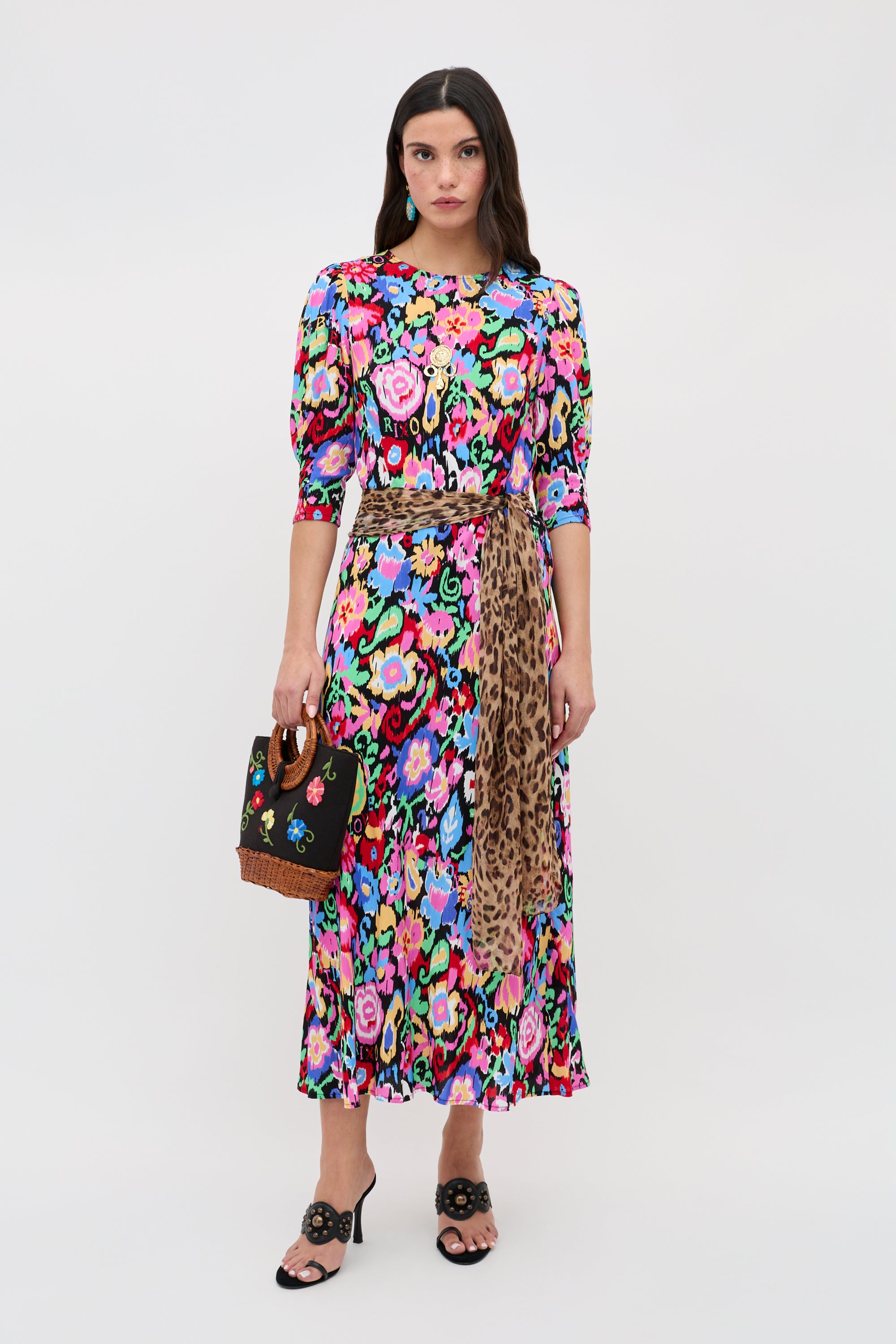 _rii Jess Crepe Midi Dress in Multi Ikat Bloom Charcoal | RIXO USA ⋆