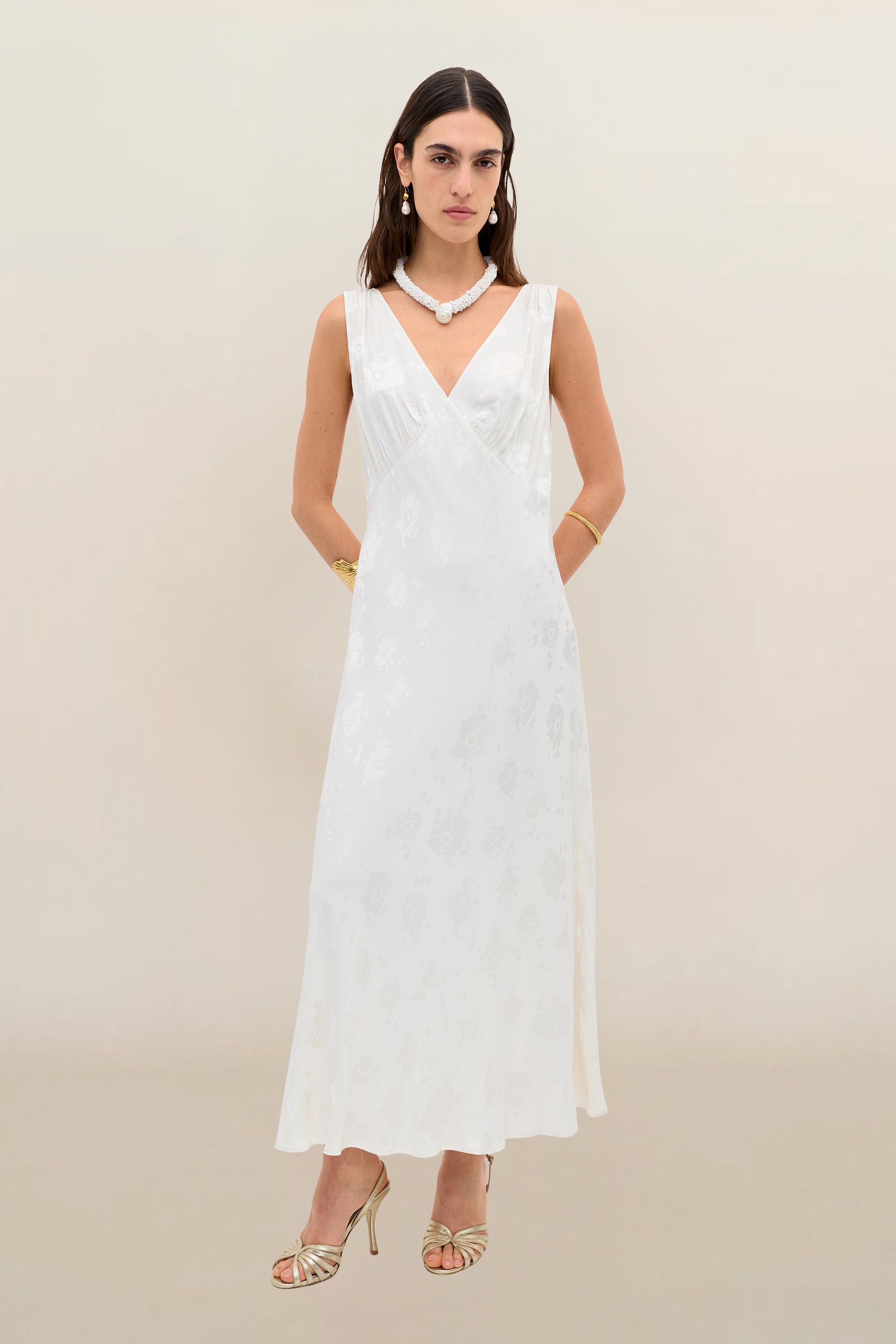 Sandrine Jacquard Midi Dress in Ivory Poppy Jacquard Champagne