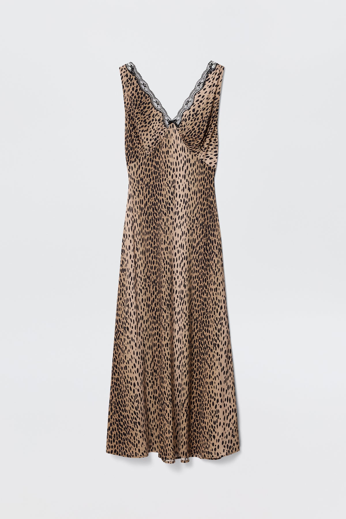 The Sandrine - Antelope Spot Black slip dress by RIXO is sleeveless with a V-neckline trimmed in black lace and features an antelope spot print, shown on a plain white background.