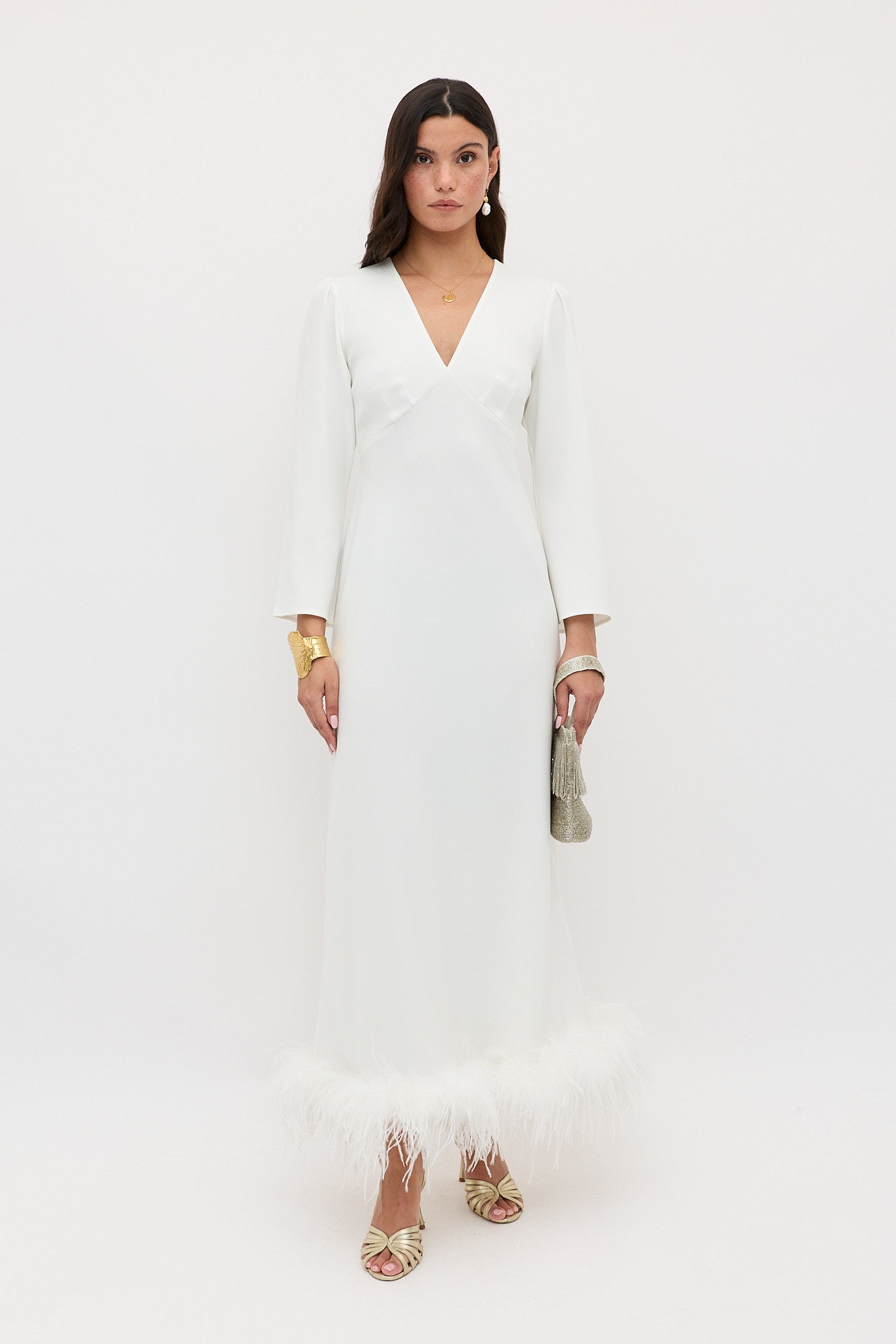Mya Feathered Midi Dress in Ivory Feathers