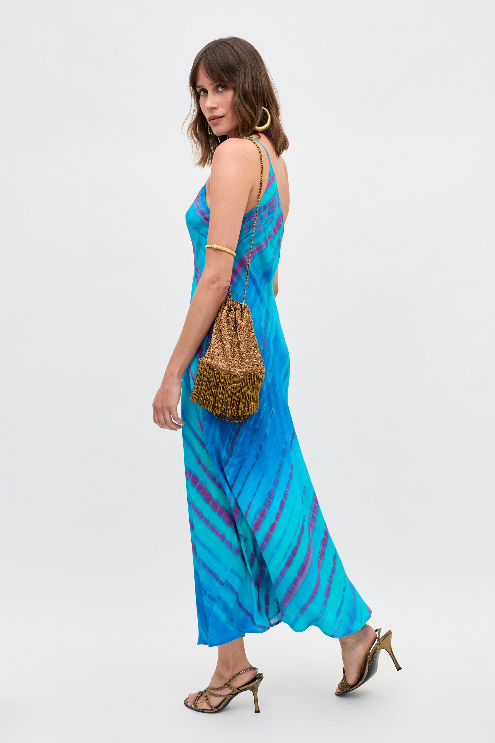 tie dye maxi dress blue RIXO Doutzen Crepe de Chine Midi dye color Color:Blue Hexagon Isabel  gingham dress Short Sleeve Open Back