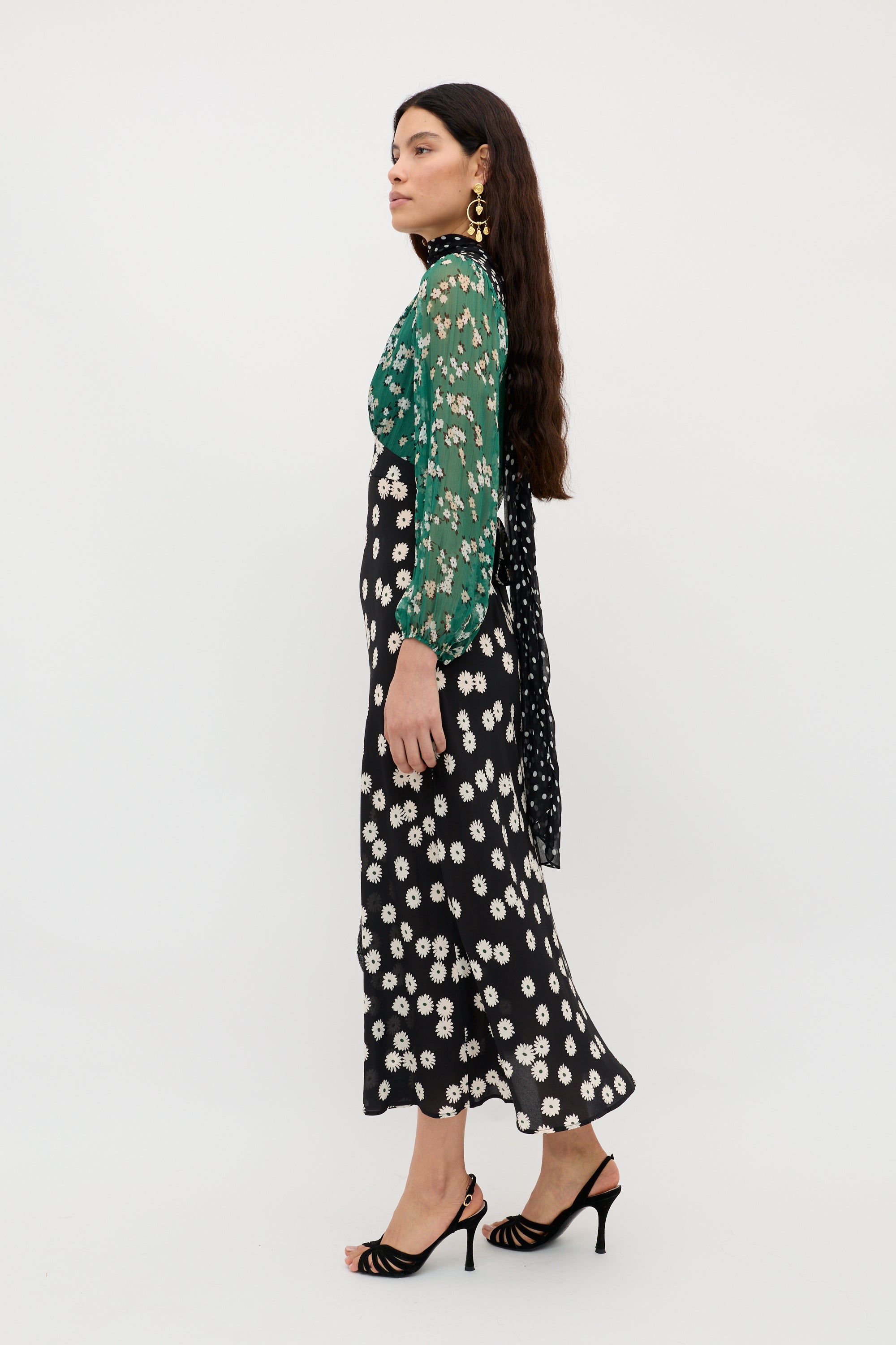 Kaila Silk Dress in Green City Floral Mix Olive