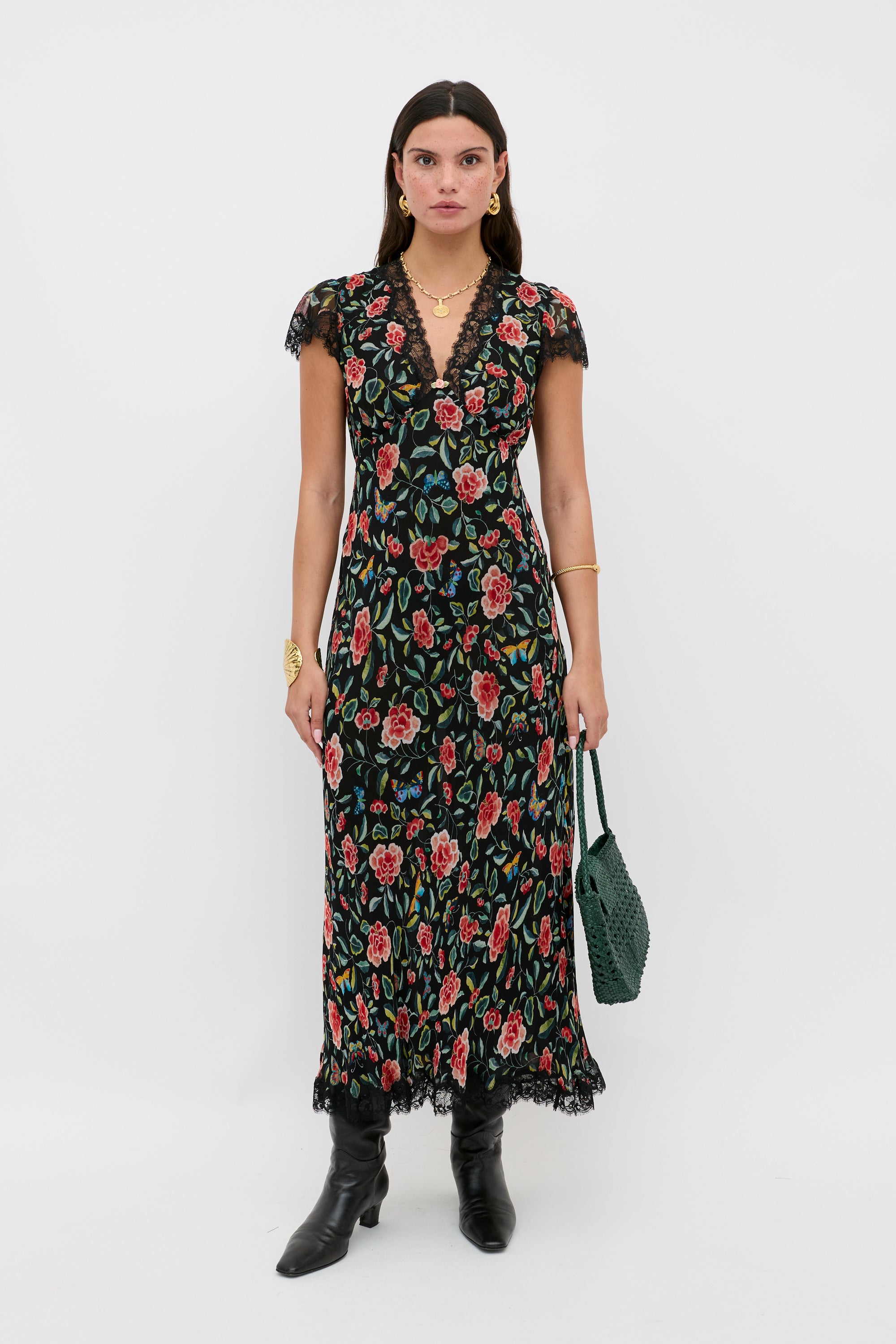Clarice Chiffon Midi Dress in Multi Butterfly Floral Black | RIXO USA Clarice Chiffon Midi Dress in Multi Butterfly Floral Black | RIXO USA