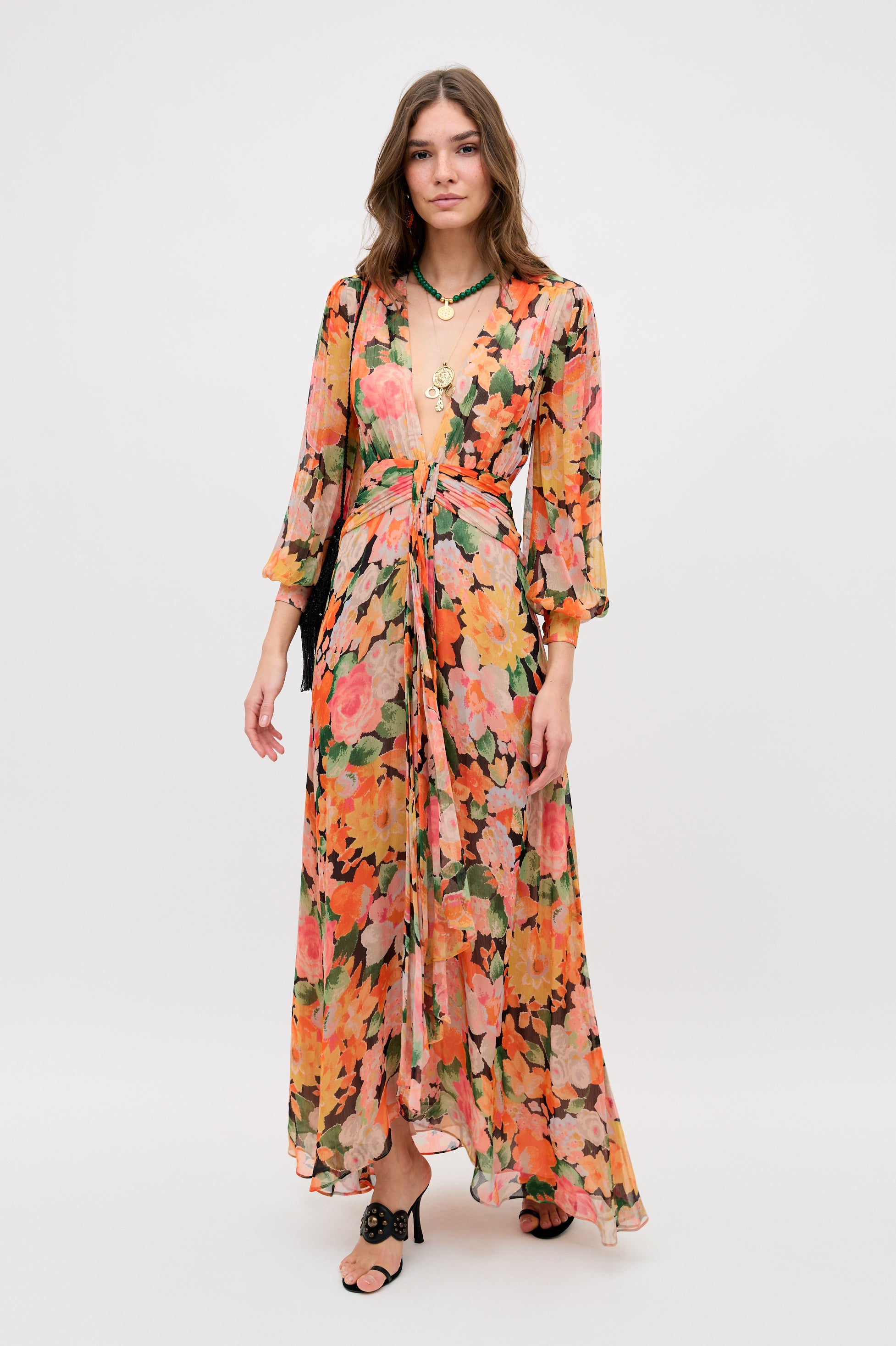 Meera Chiffon Gown in Orange Chelsea Floral Black | RIXO ⋆