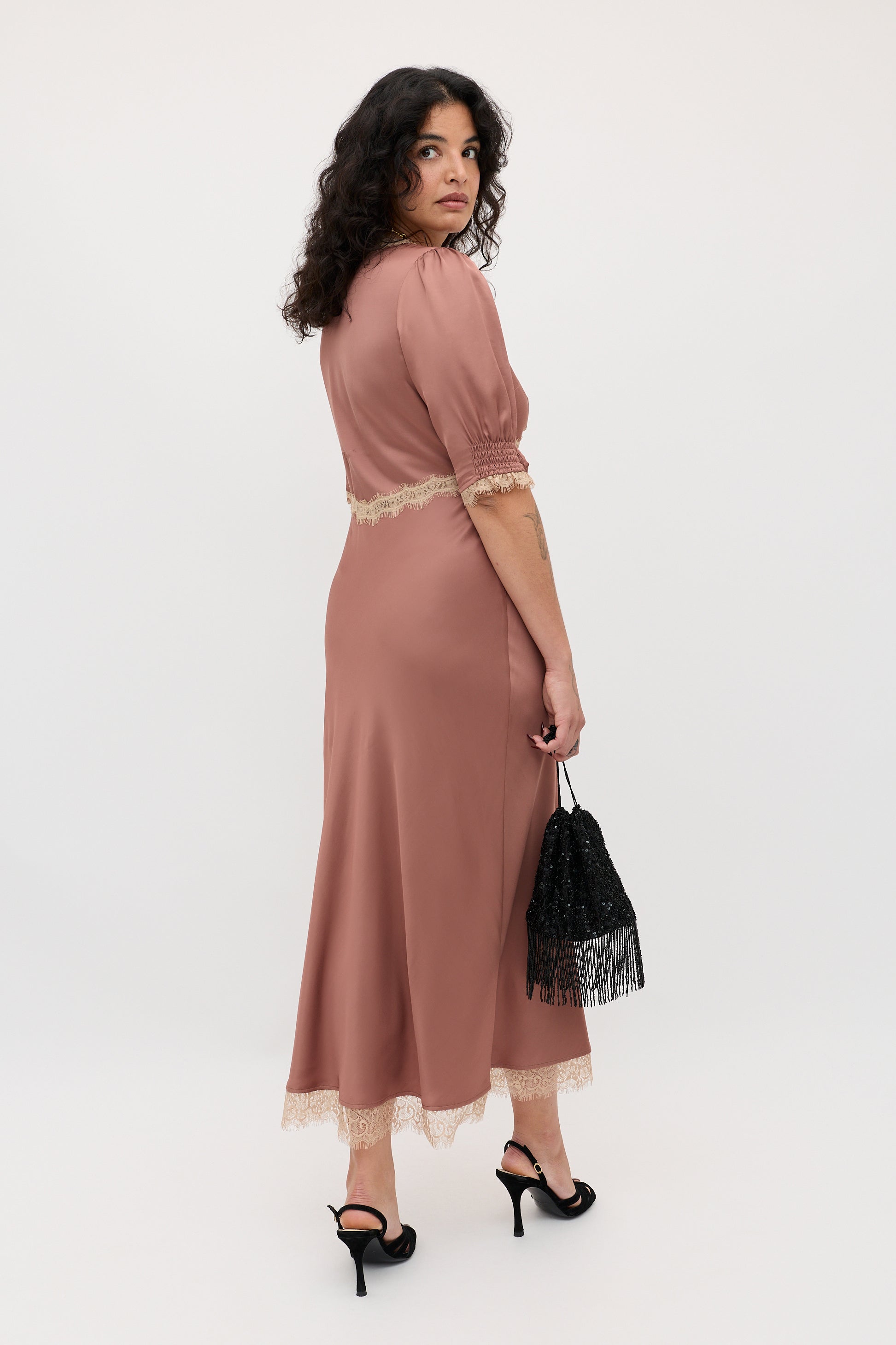 brown mocha dress Annina Satin Midi Dress in Brown Mocha