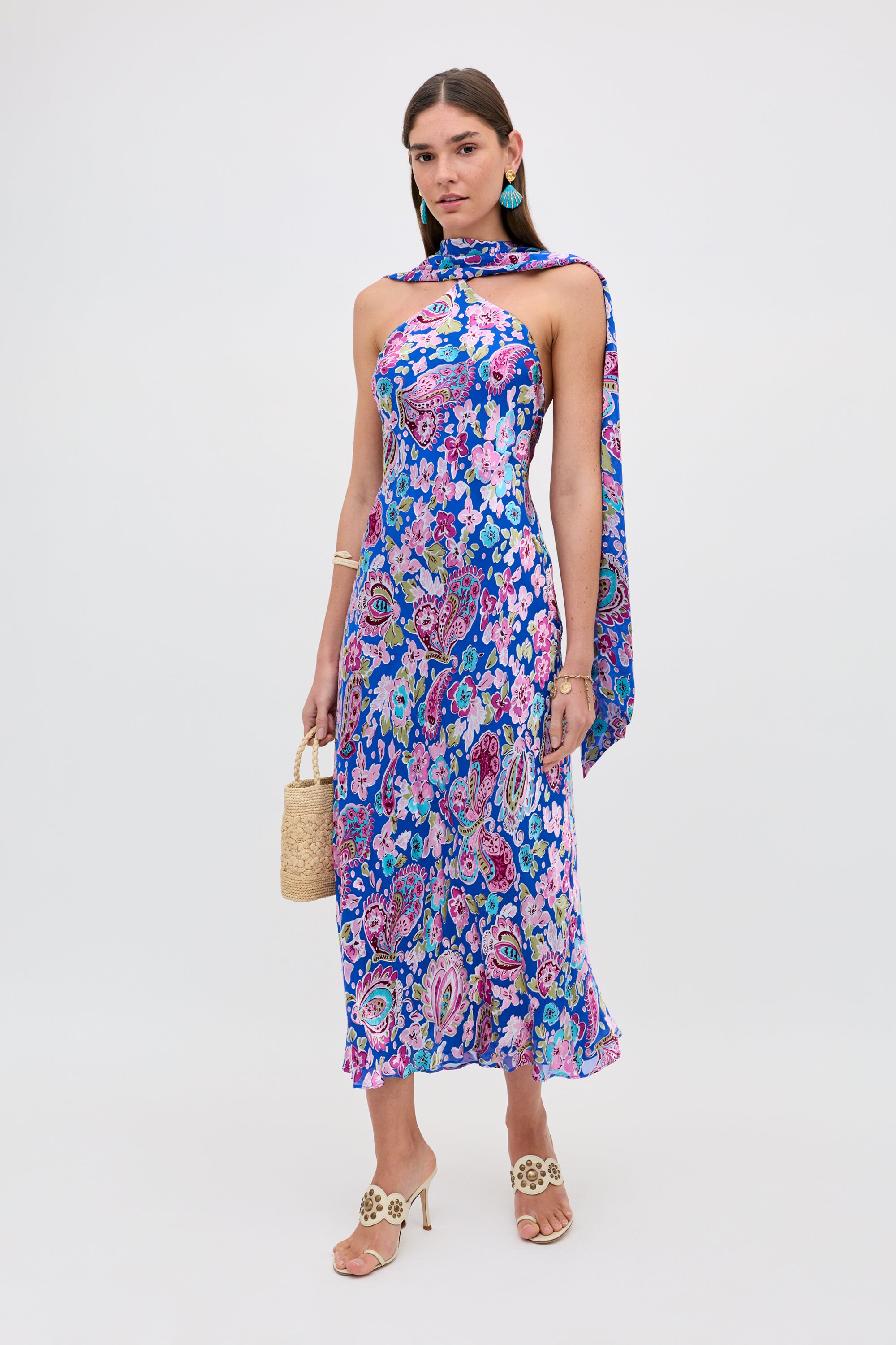 Hayley Silk-Satin Devoré Midi Dress in Cara Floral Devore Blue