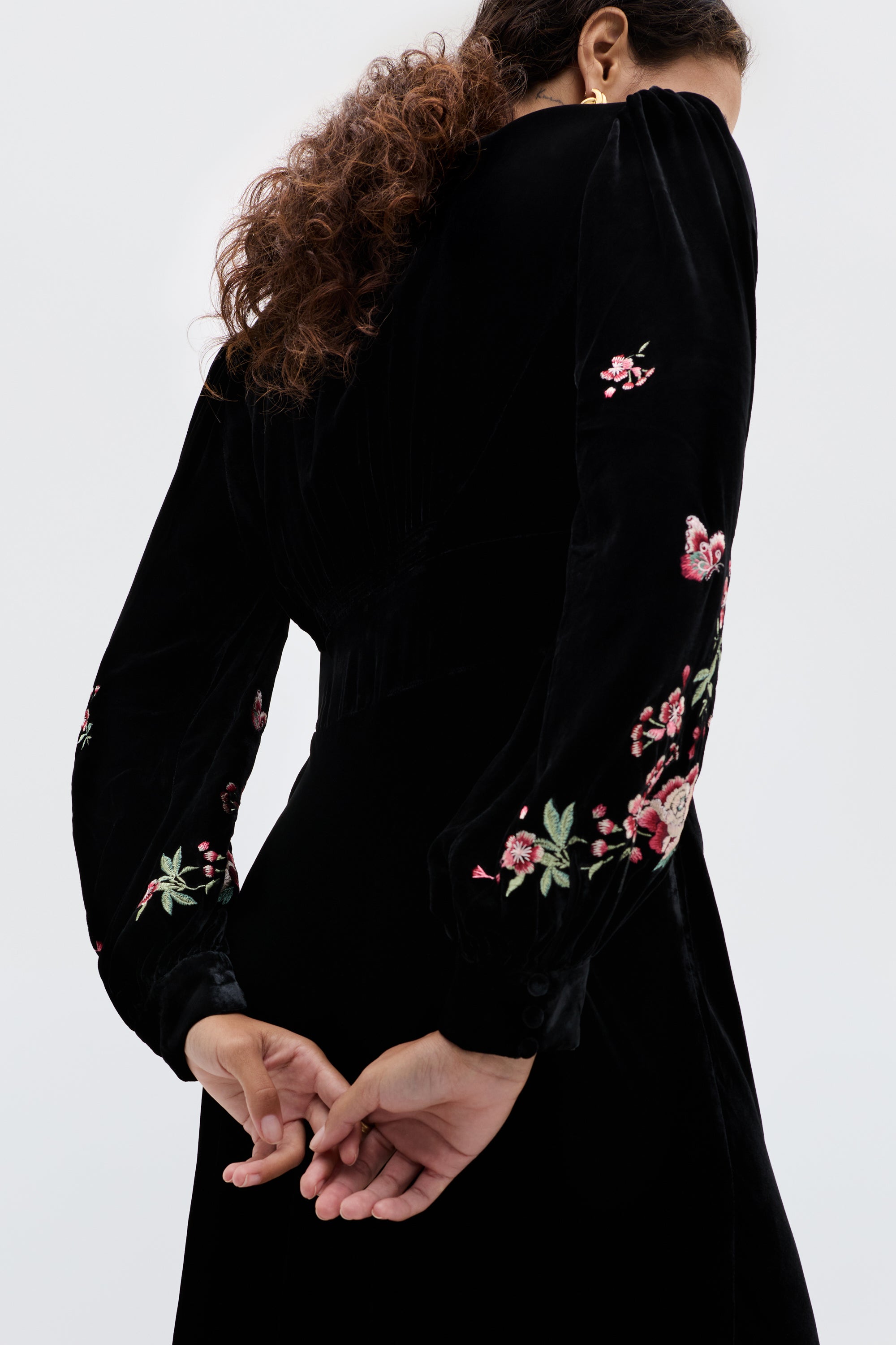 Emory Embroidered Silk-Velvet Gown in Black Blossom Embroidery Pink | RIXO USA Emory Embroidered Silk-Velvet Gown in Black Blossom Embroidery Pink | RIXO USA