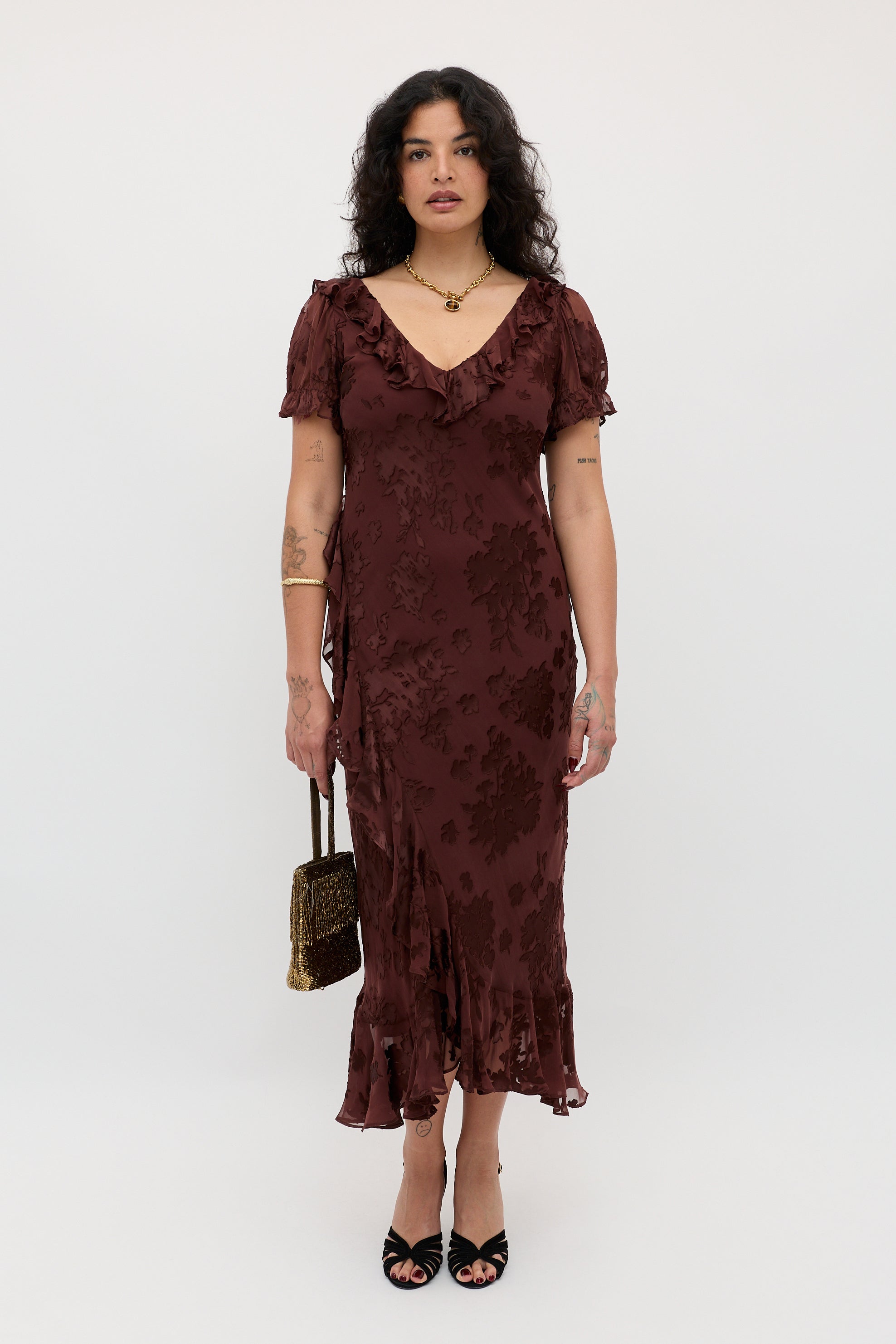 Clementina Silk-Satin Devoré Midi Dress in Bouquet Devoré Brown