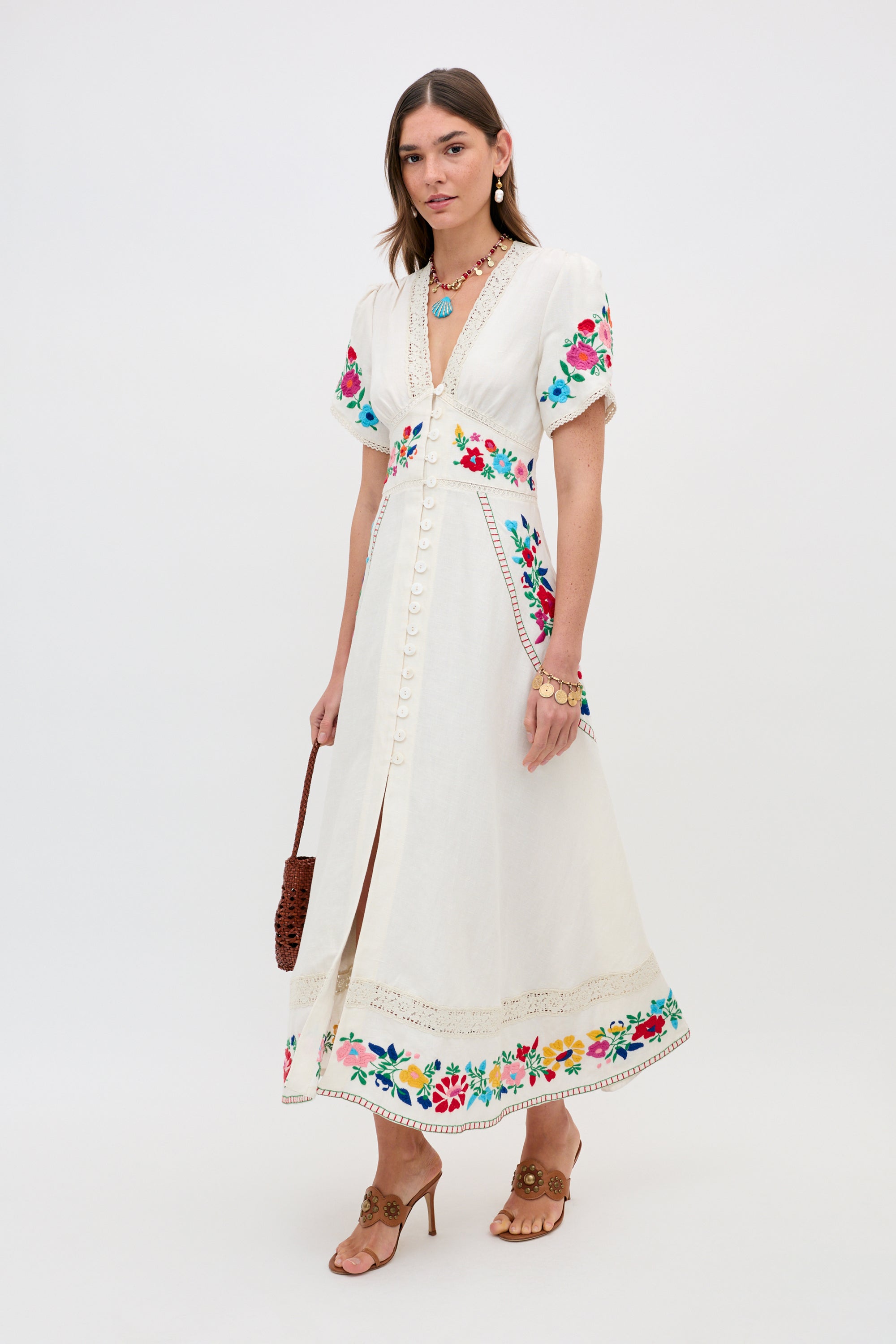Novara Embroidered Linen Midi Dress in Anemone Embroidery Cream | RIXO USA Novara Embroidered Linen Midi Dress in Anemone Embroidery Cream | RIXO USA