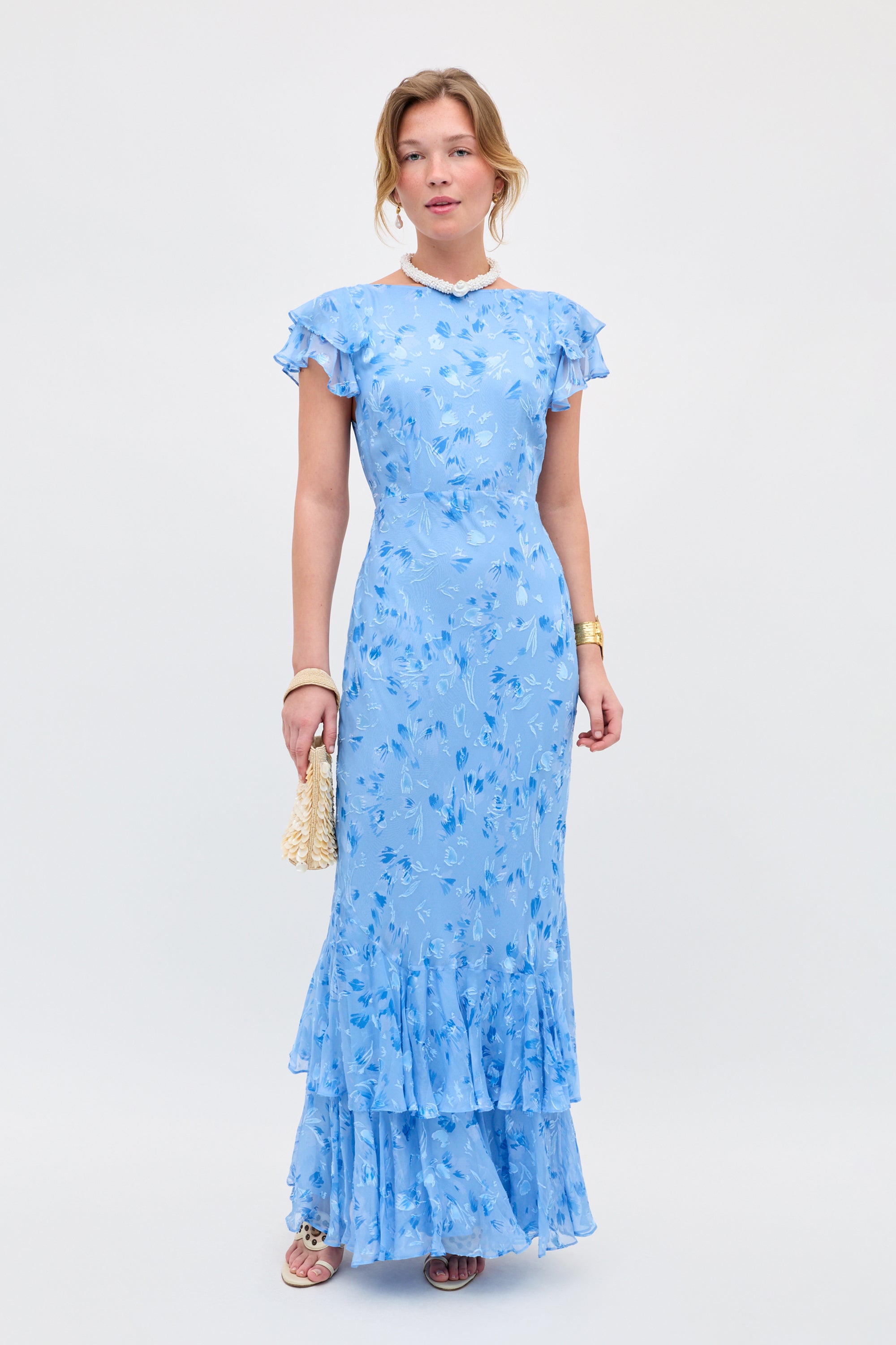 Ordinia Silk-Satin Devoré Gown in Ava Devore Blue