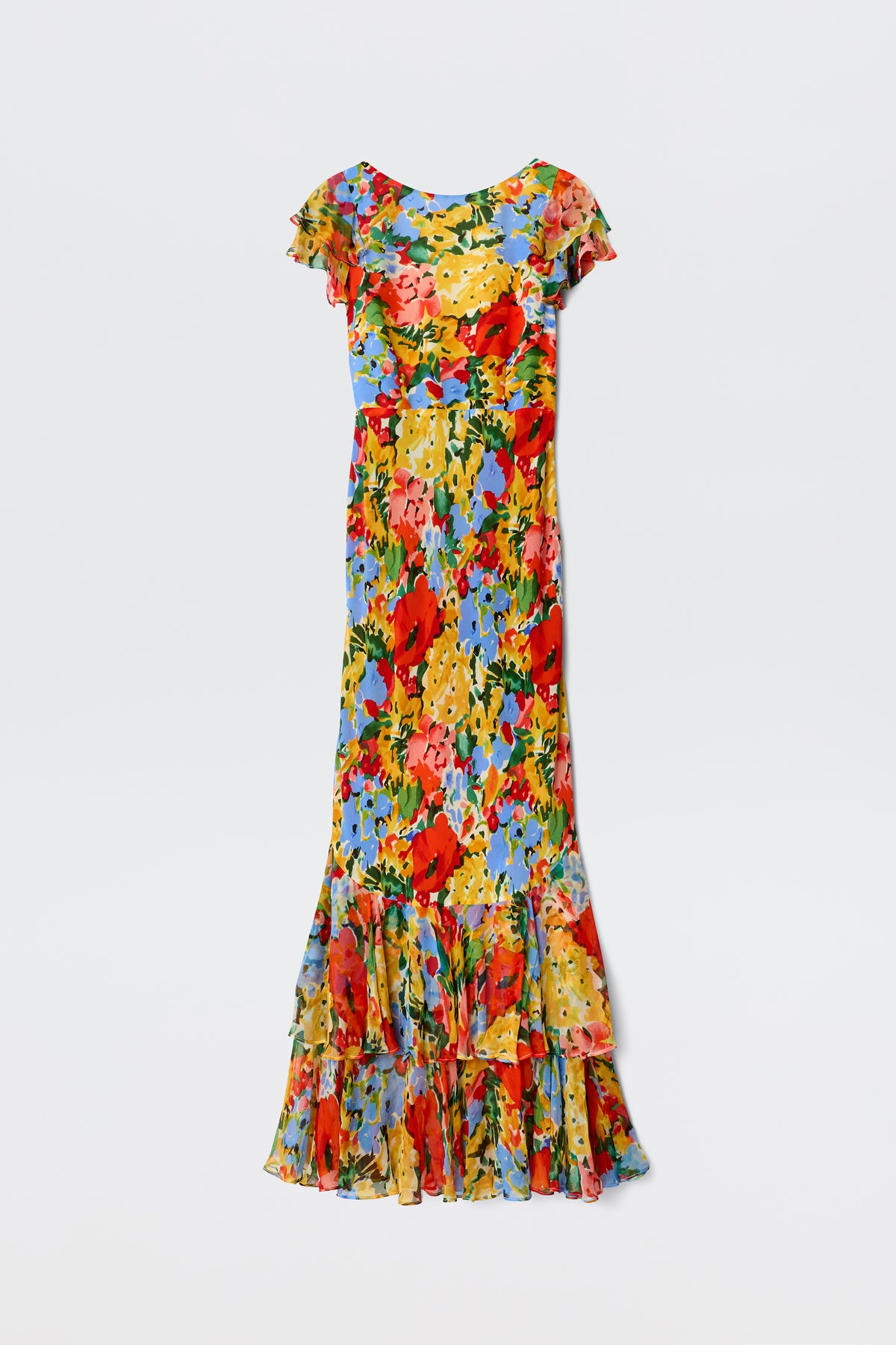 The Ordinia - Wedding Floral Multi is a long, short-sleeved vintage-inspired dress with a colorful red, blue, yellow, and green floral pattern, fitted waist, and ruffled hem. Perfect for formal events. Shown on a plain white background.
