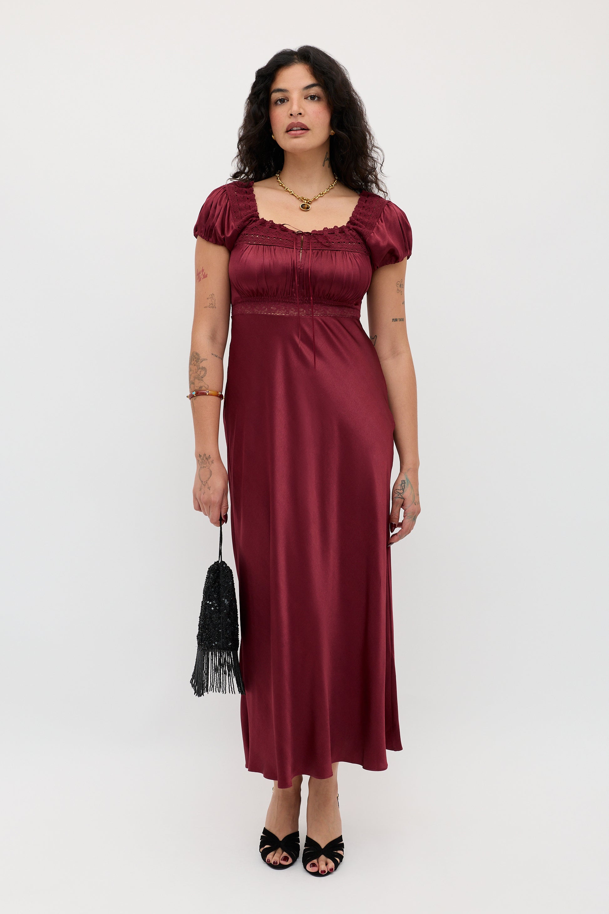 Maeva Satin Midi Dress in Burgundy Maroon | RIXO USA Maeva Satin Midi Dress in Burgundy Maroon | RIXO USA