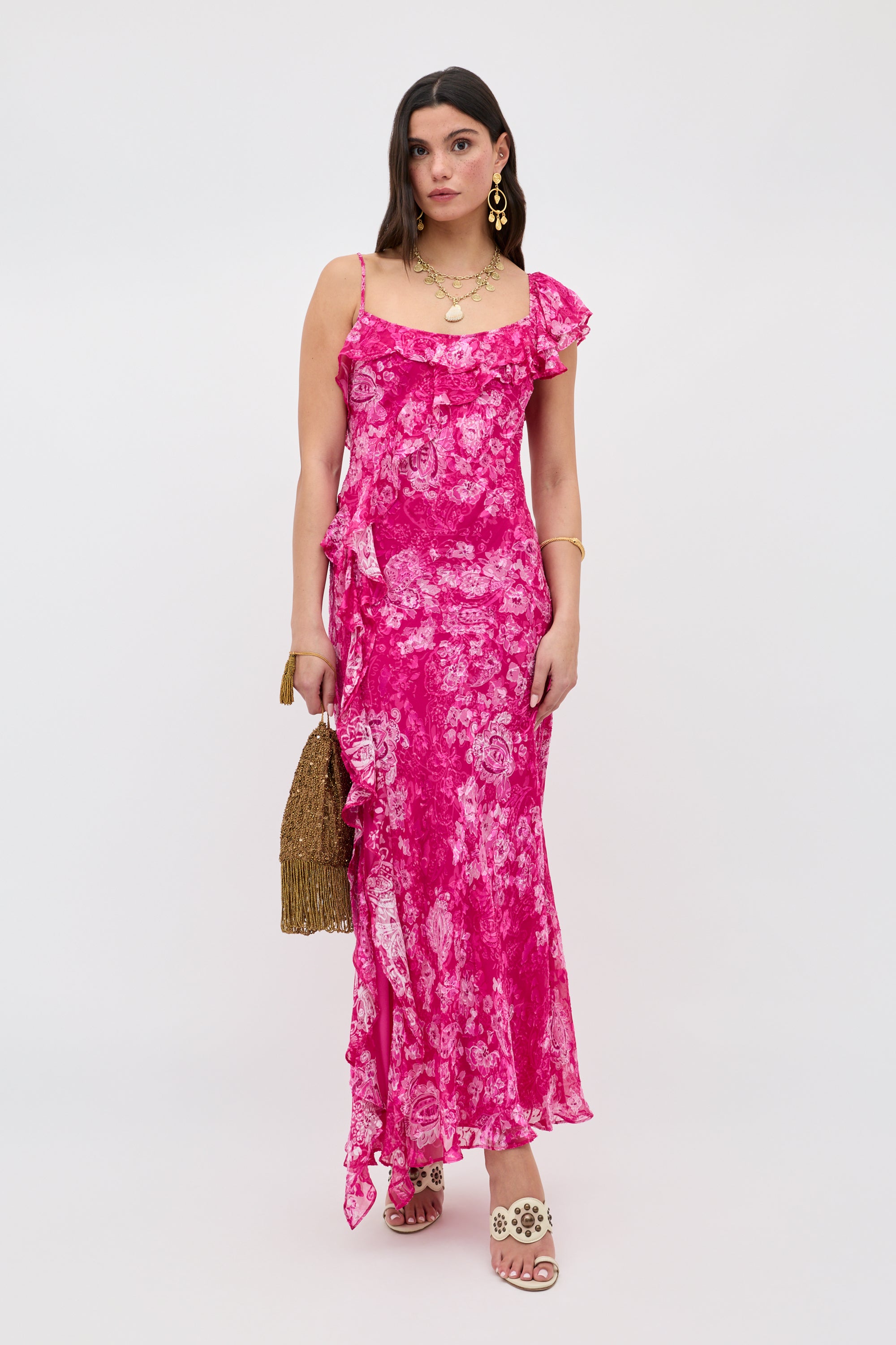 Ester Silk Devoré Maxi Dress in Pink Cara Devore Magenta | RIXO USA ⋆