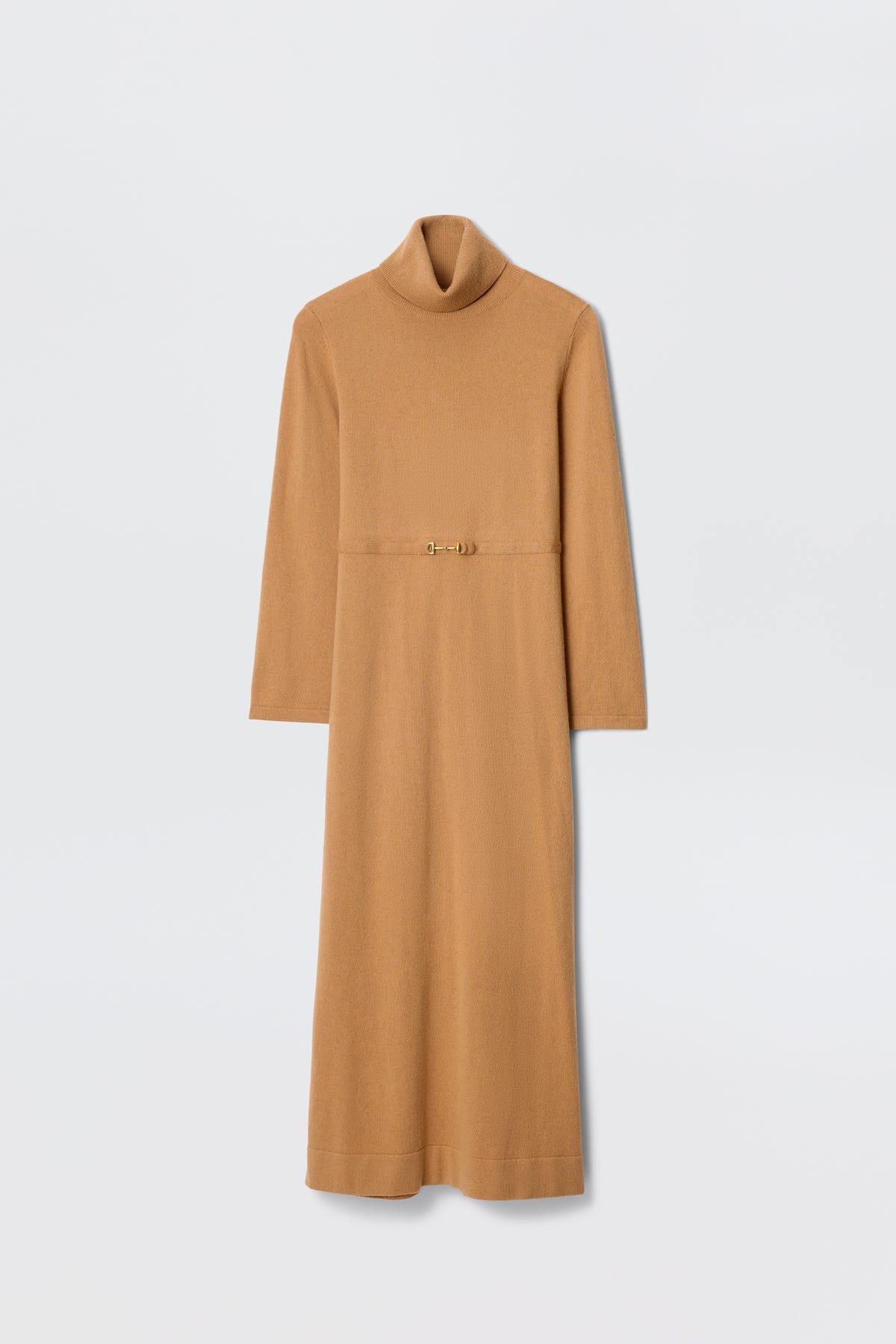 The Elliette - Camel is a long-sleeved turtleneck dress in camel, featuring a slim gold clasp belt at the waist for a minimalist style, shown against a plain white background.