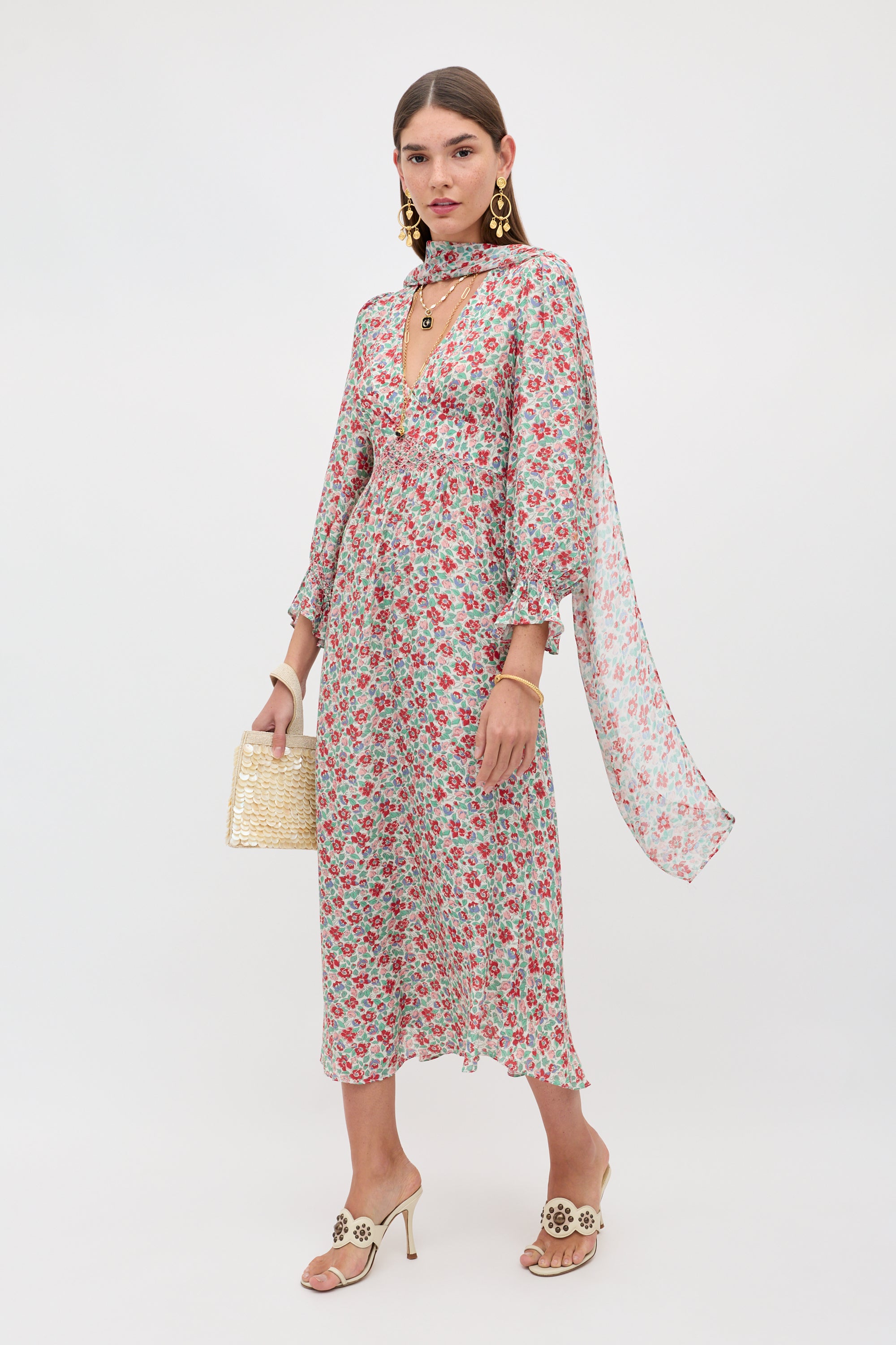 Mireta Midi Dress in Pink Jeannie Bloom Ivory