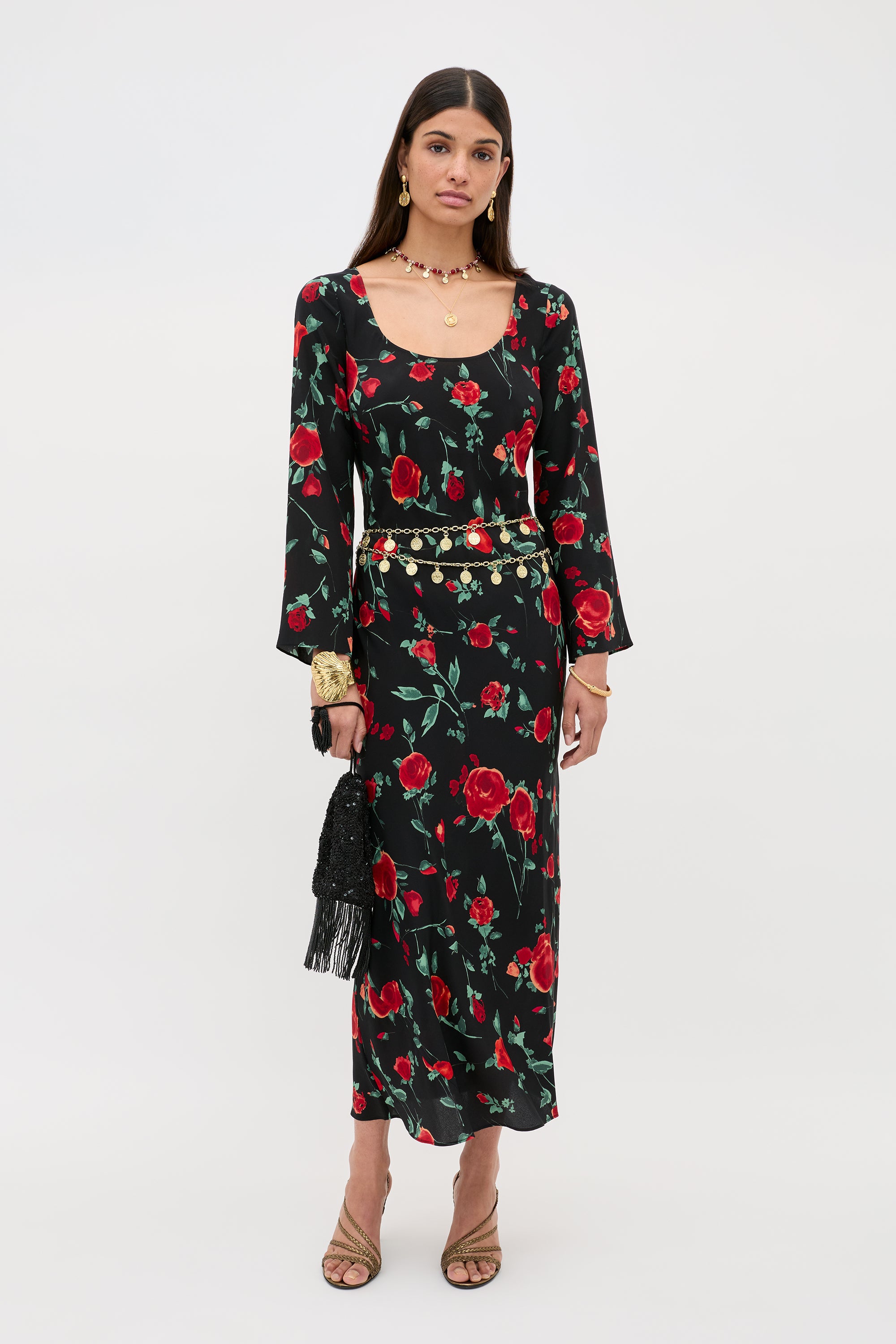 black flower midi dress Noraya Silk Midi Dress in Claudia Rose Black