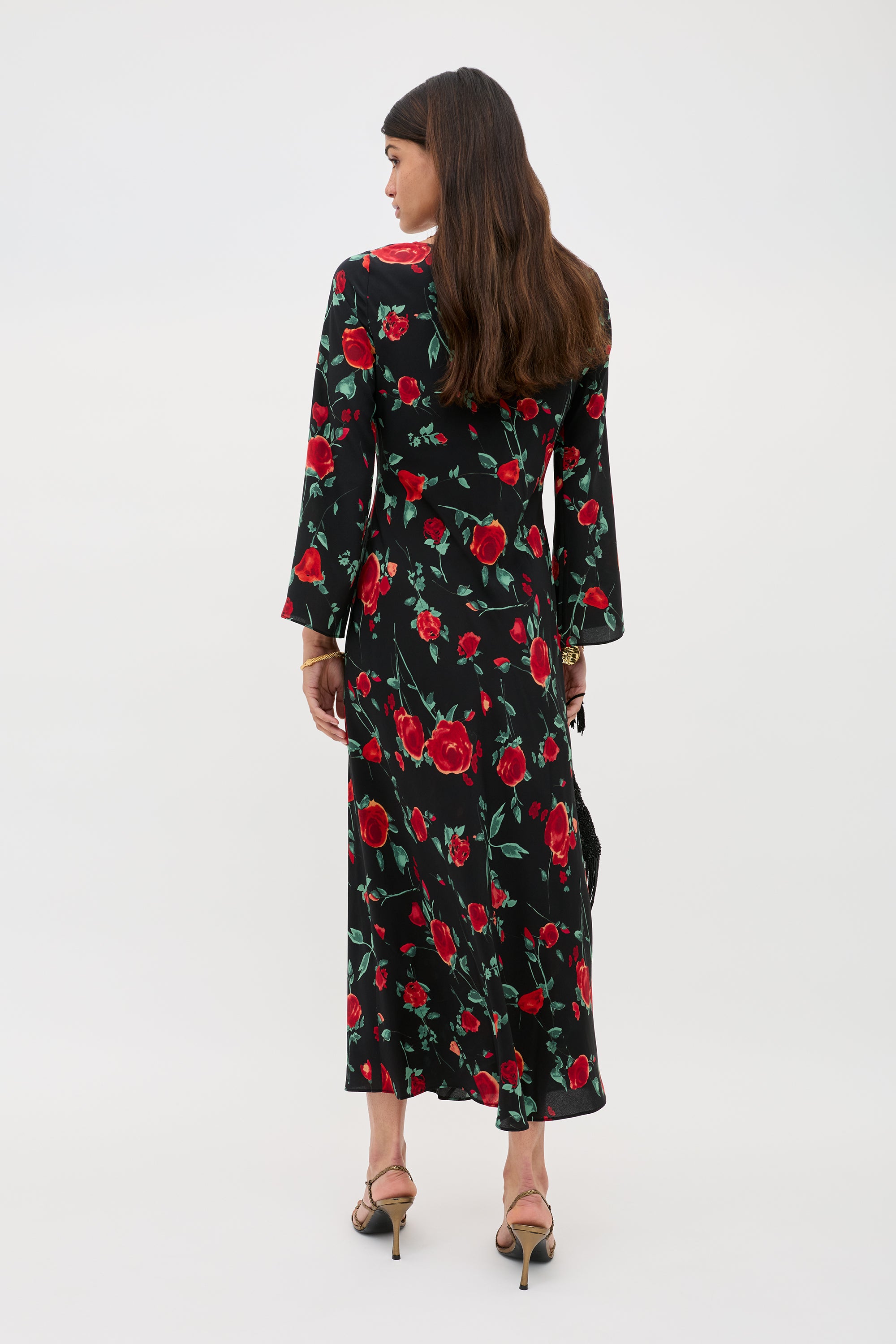 strapless open back dress Farm Rio Latin Roses One Shoulder Midi Dress | Red/Floral | Size XXS main image 0