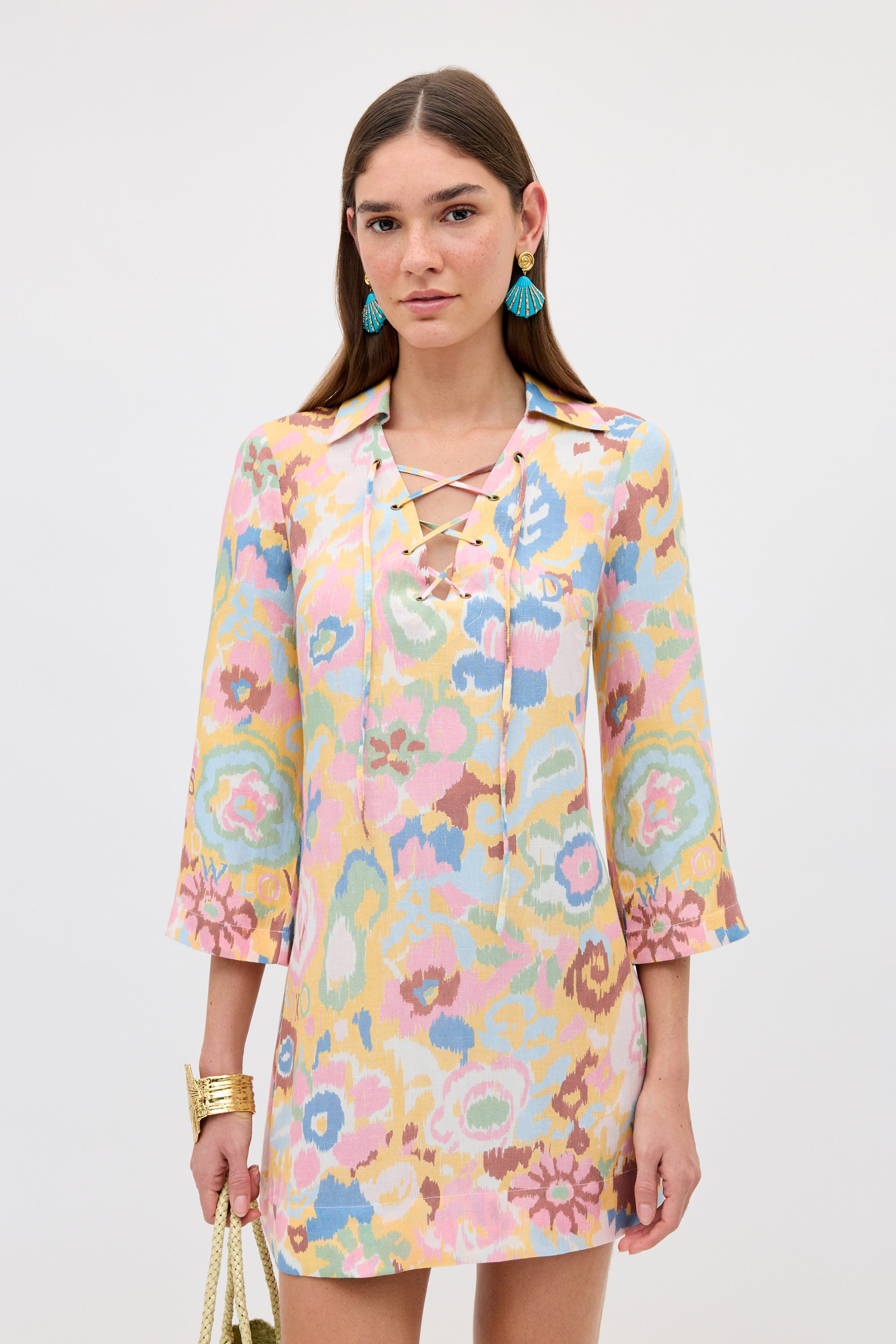 Lucien Linen-Blend Mini Dress in Ikat Bloom Yellow | RIXO Europe ⋆