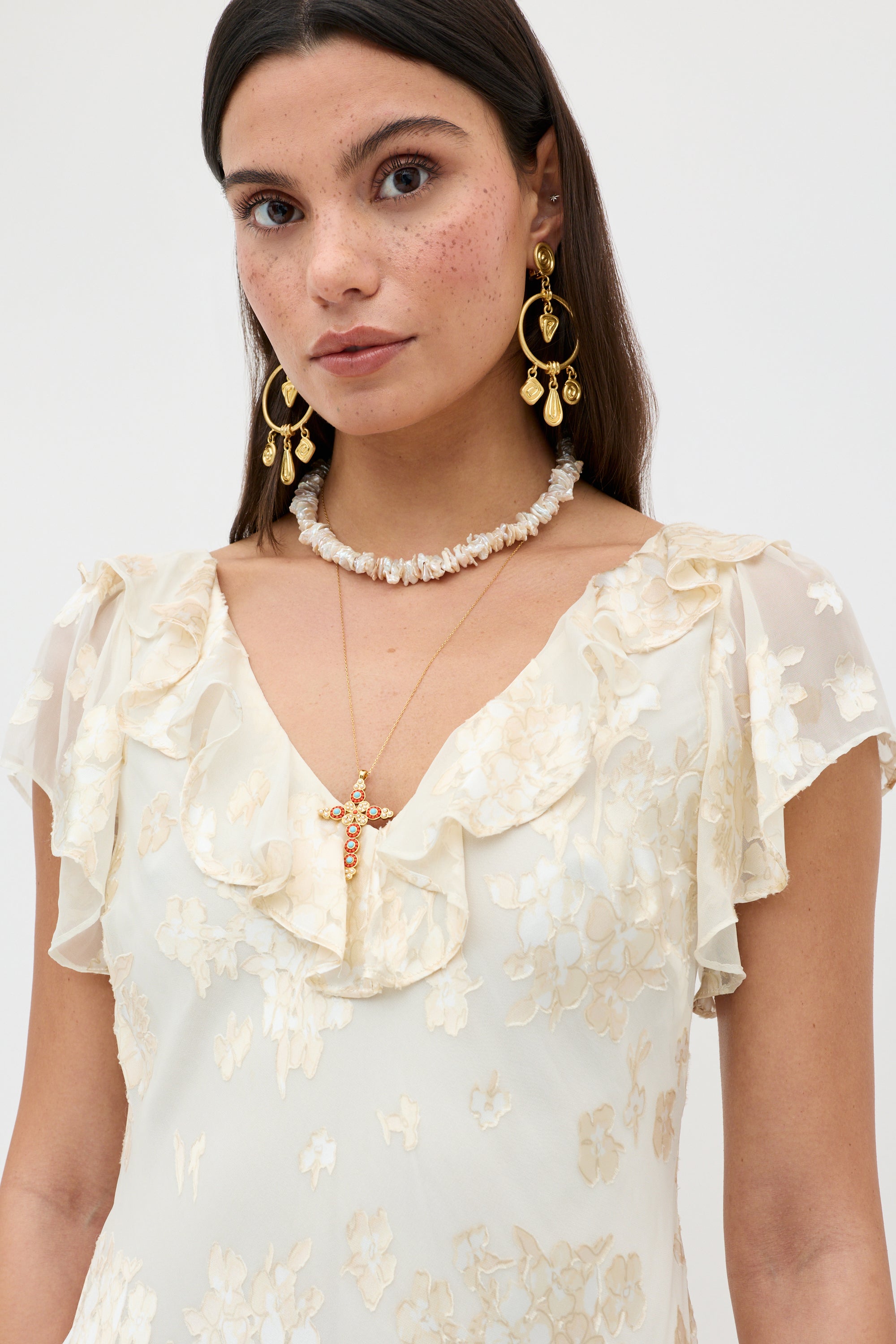 Meadow Silk-Satin Devor Midi Dress in Bouquet Devor Cream | RIXO USA Meadow Silk-Satin Devor Midi Dress in Bouquet Devor Cream | RIXO USA