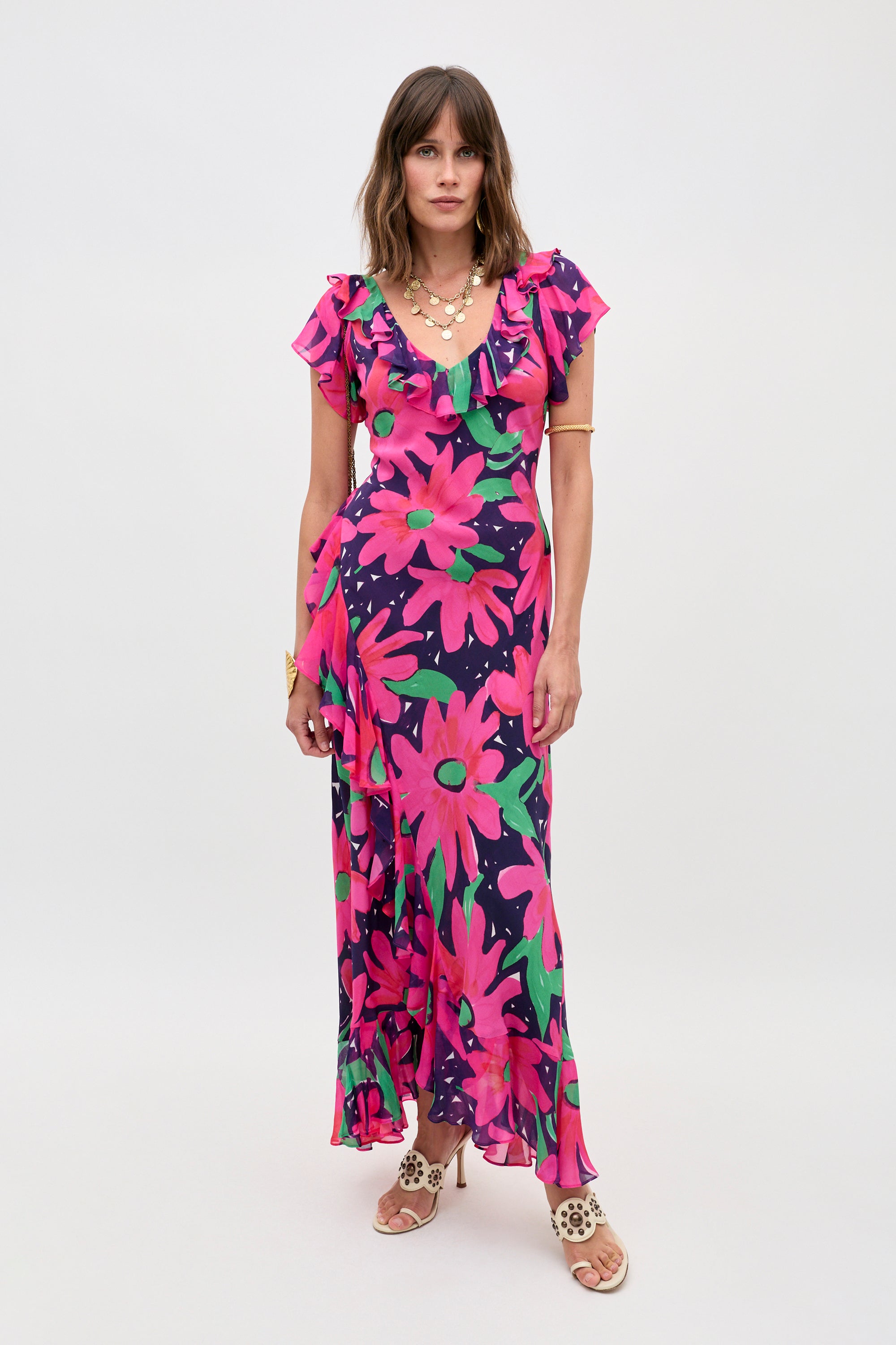 rixo maxi dress Meadow Silk Midi in Danish Floral Pink painted paisley print Name/Description:Nursah Deposit - Turtleneck Gown w Red + Plum Florals details:Pockets Prom Dress in Ghana