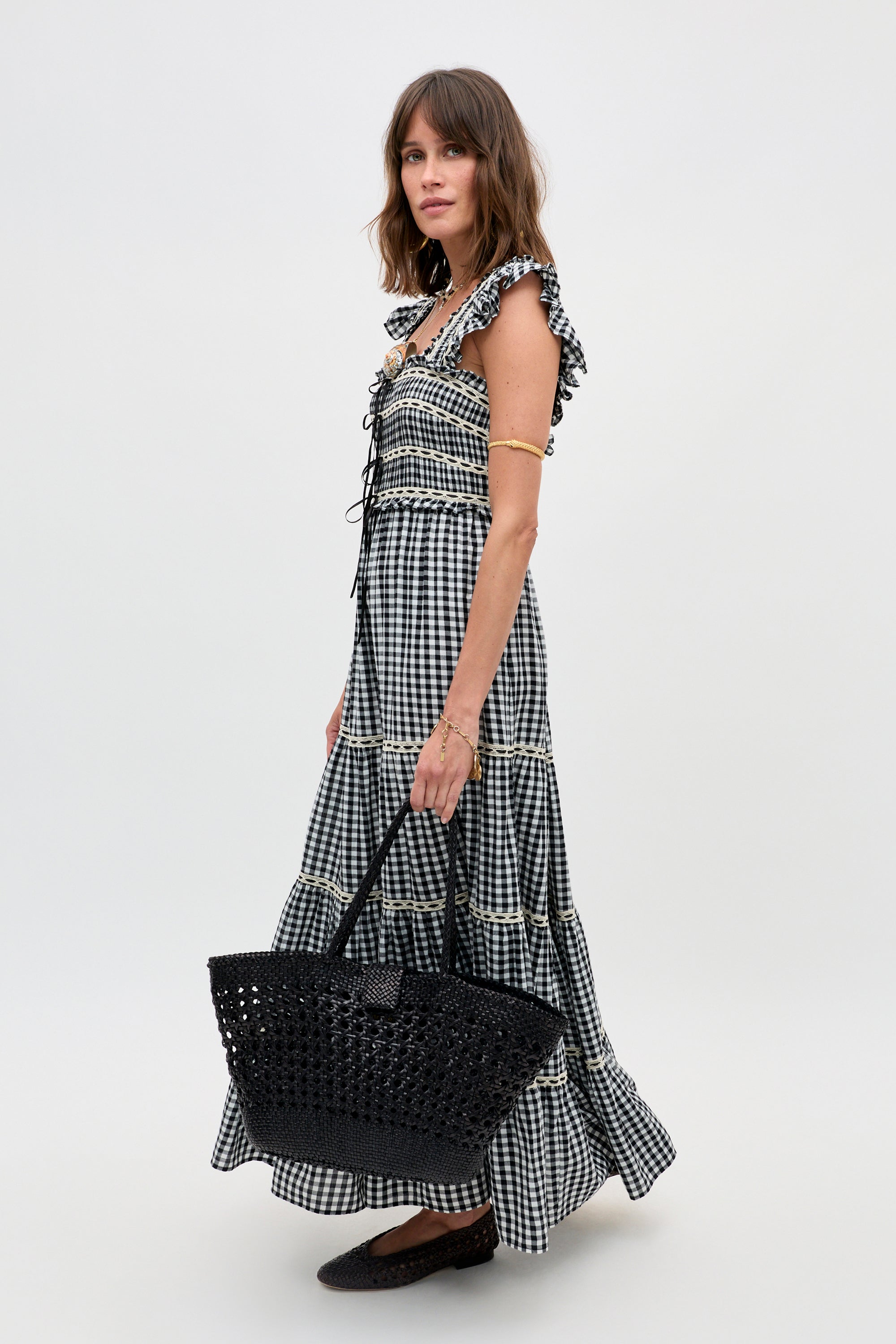 Chandra Cotton Midi Dress in Beth Check Black | RIXO USA ⋆