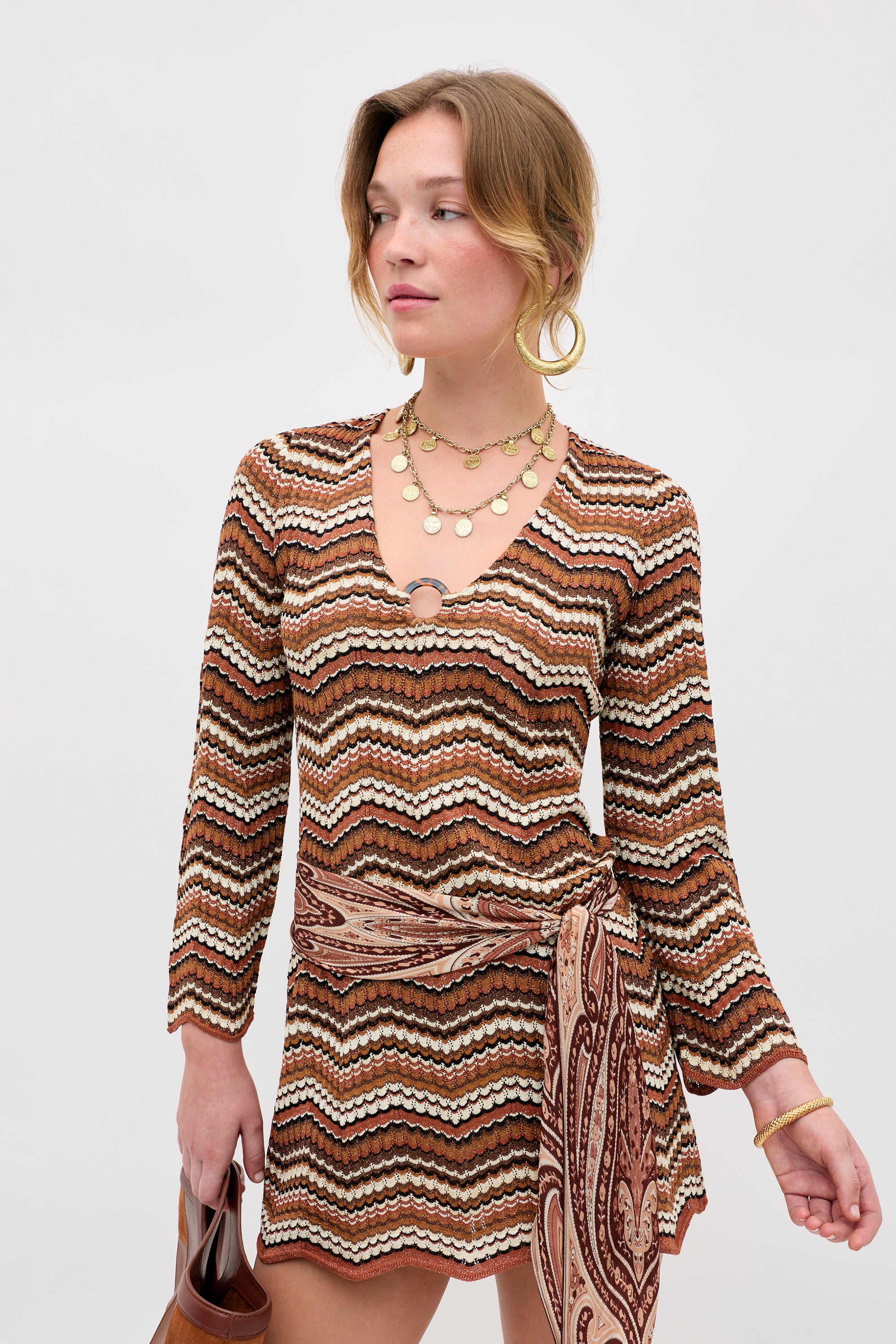 brown chevron dress Brown Chevron Halter Neck Knit Halter Maxi Dress main image 1