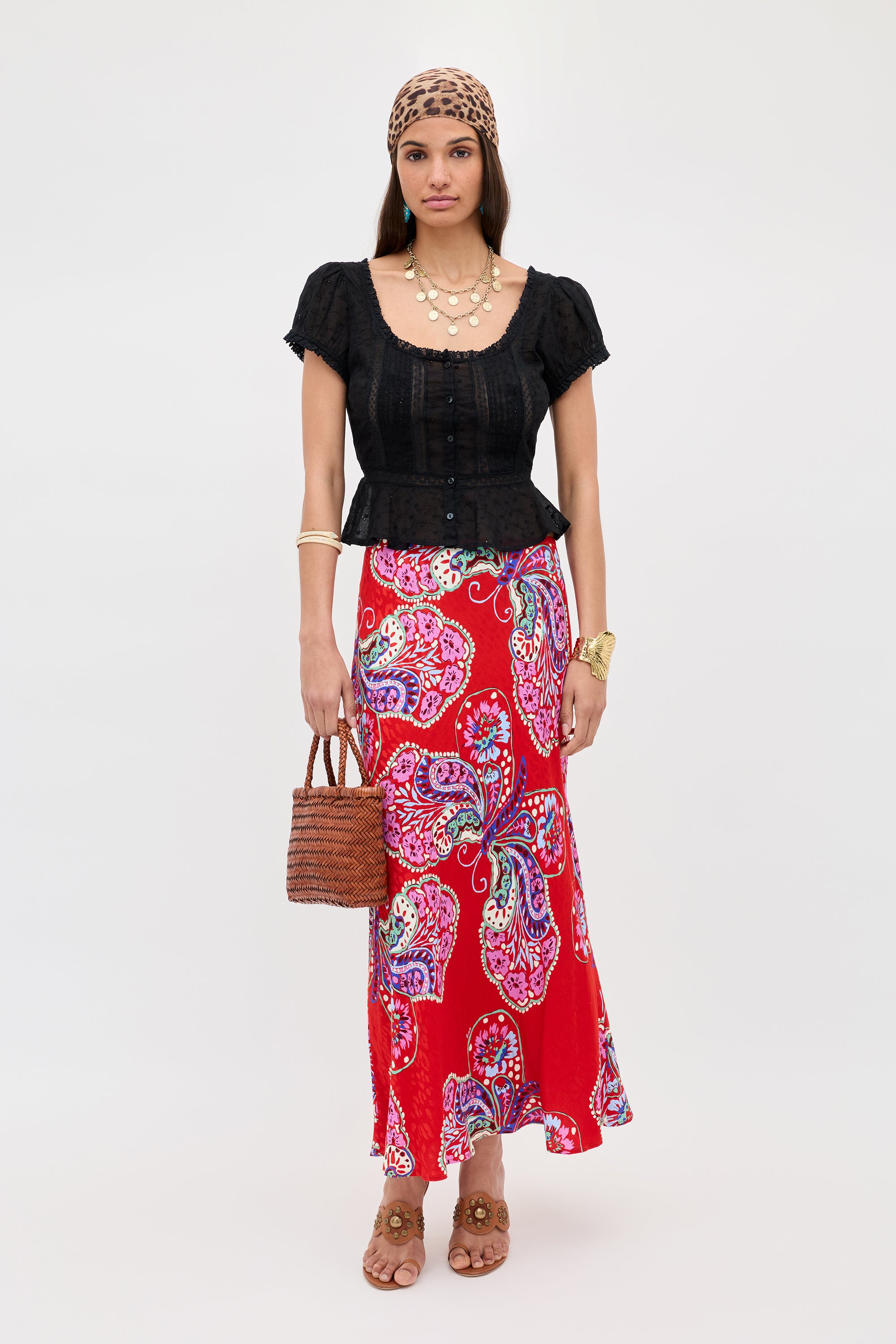 Kelly Satin Jacquard Midi Skirt in Butterfly Bloom Jacquard Red