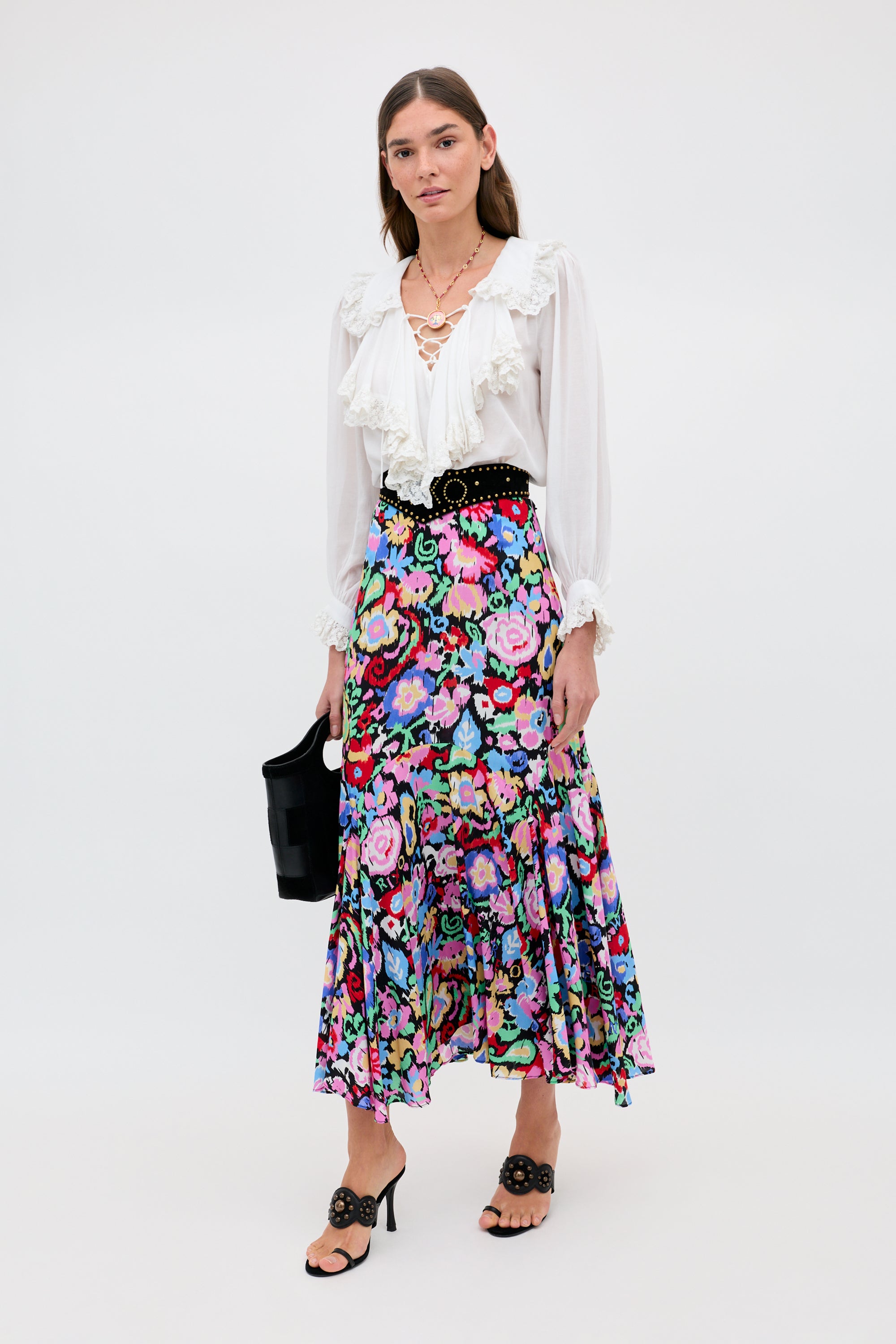 Libbie Crepe de Chine Midi Skirt in Multi Ikat Bloom Charcoal
