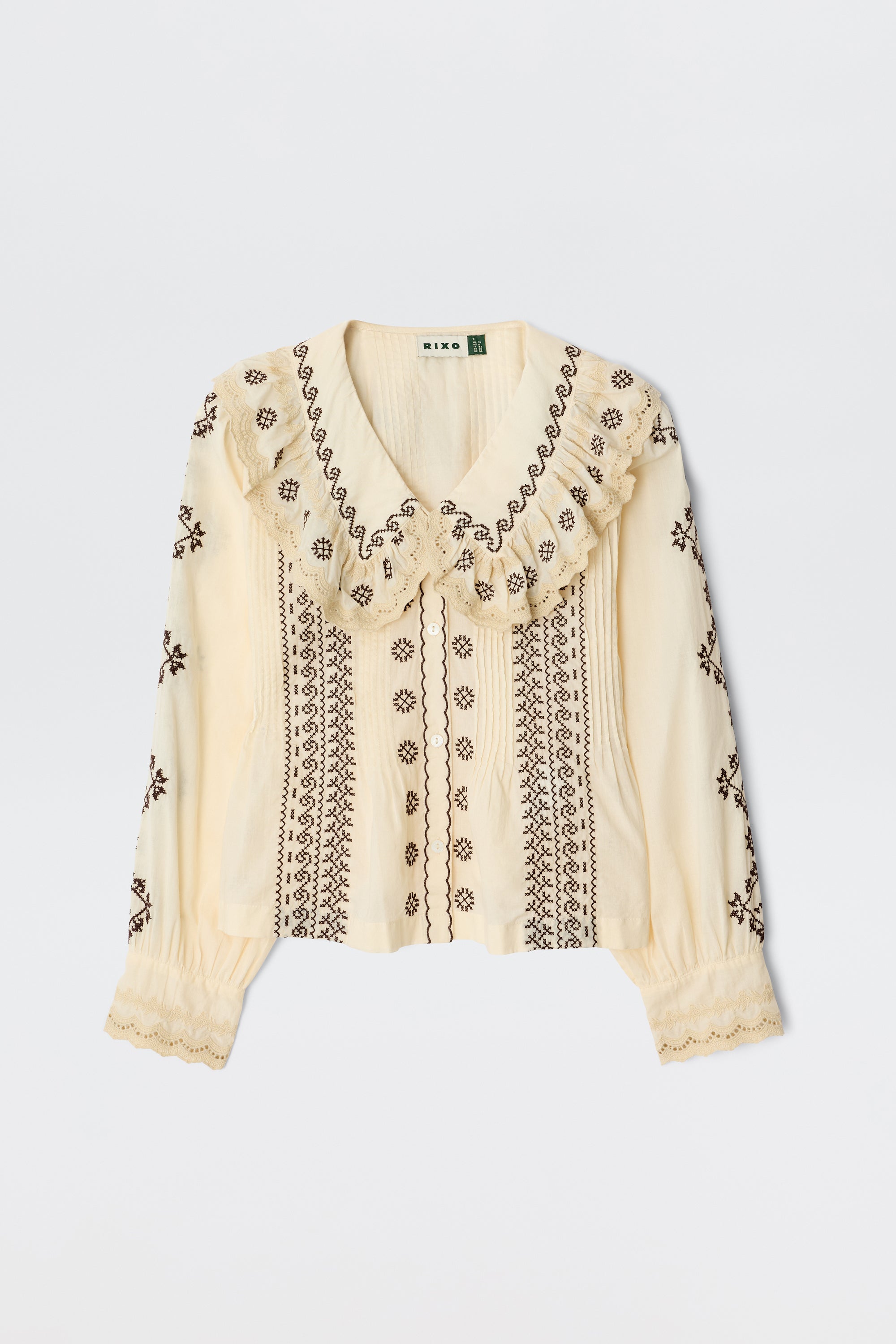 Percy Cotton Blouse in Cream Mila Embroidery Brown | RIXO USA ⋆