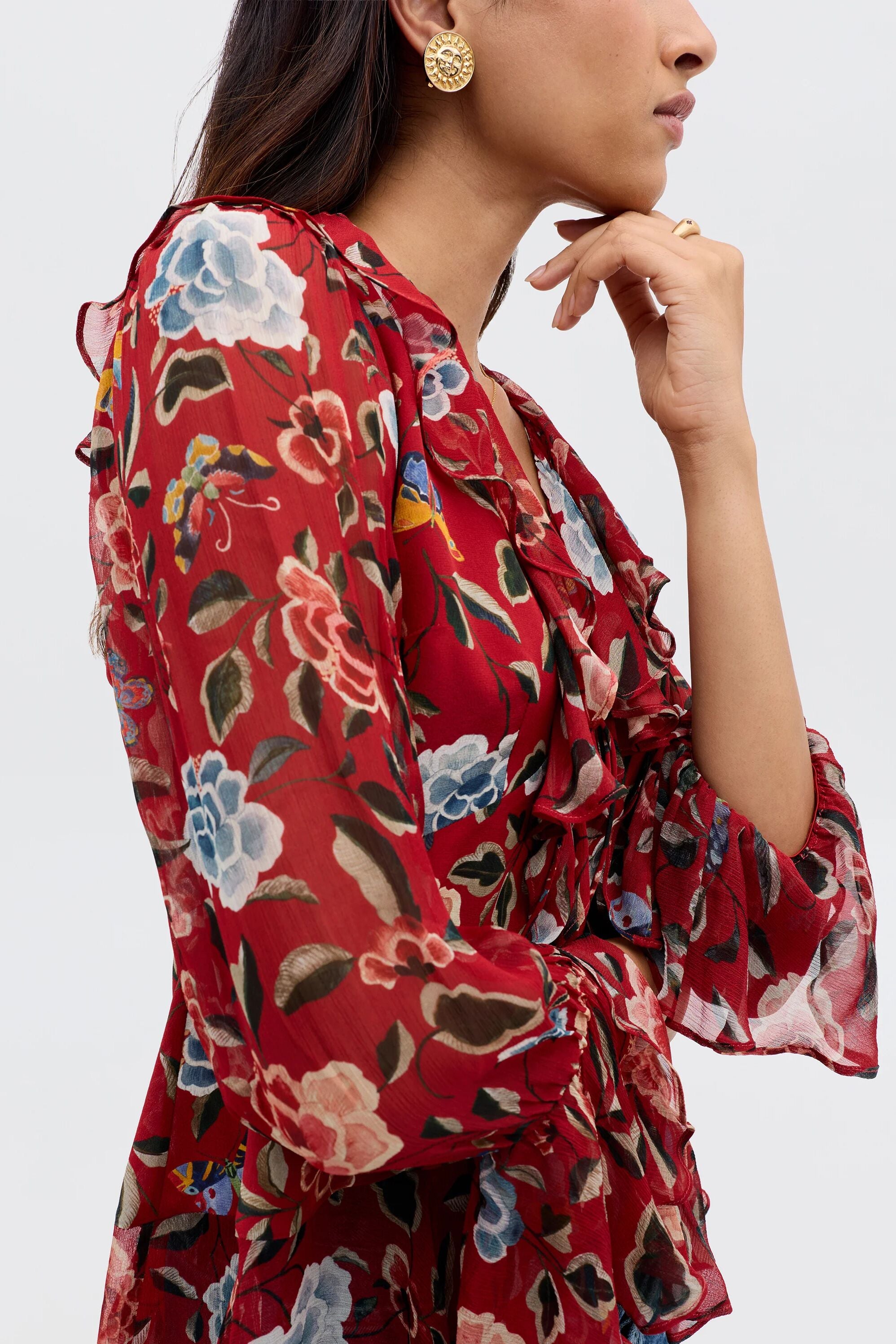 Ami Silk Top in Red Butterfly Floral Burgundy | RIXO ⋆