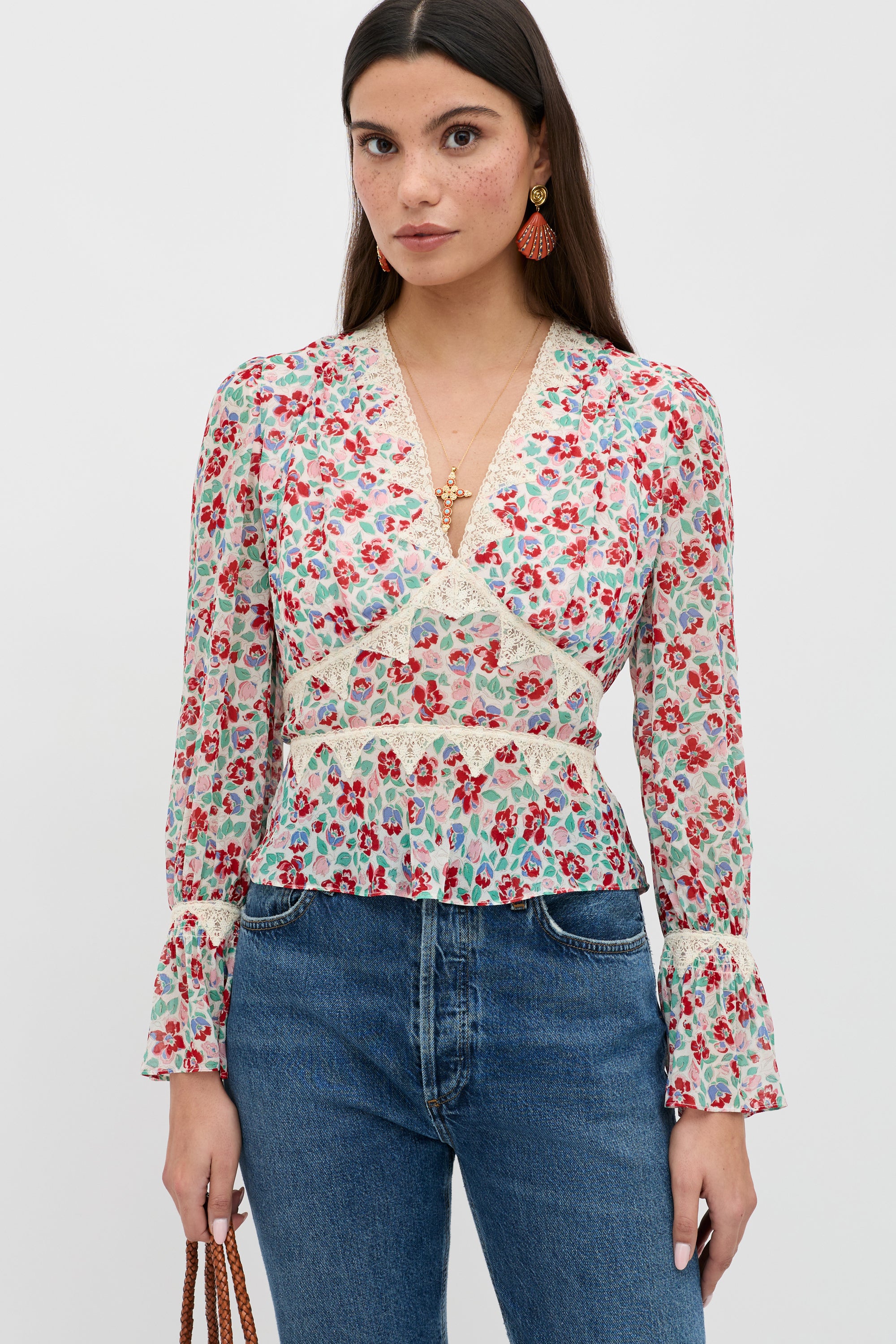Lenara Georgette Top in Pink Jeannie Bloom Ivory | RIXO USA ⋆
