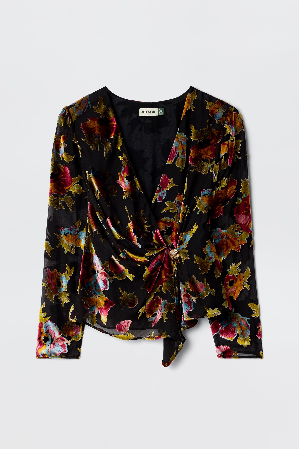 The Everlyn - Countryside Devoré Black features long sleeves, a vibrant floral print in red, yellow, and blue on black, a wrap silhouette, and a chic tie waist for a vintage-inspired look.