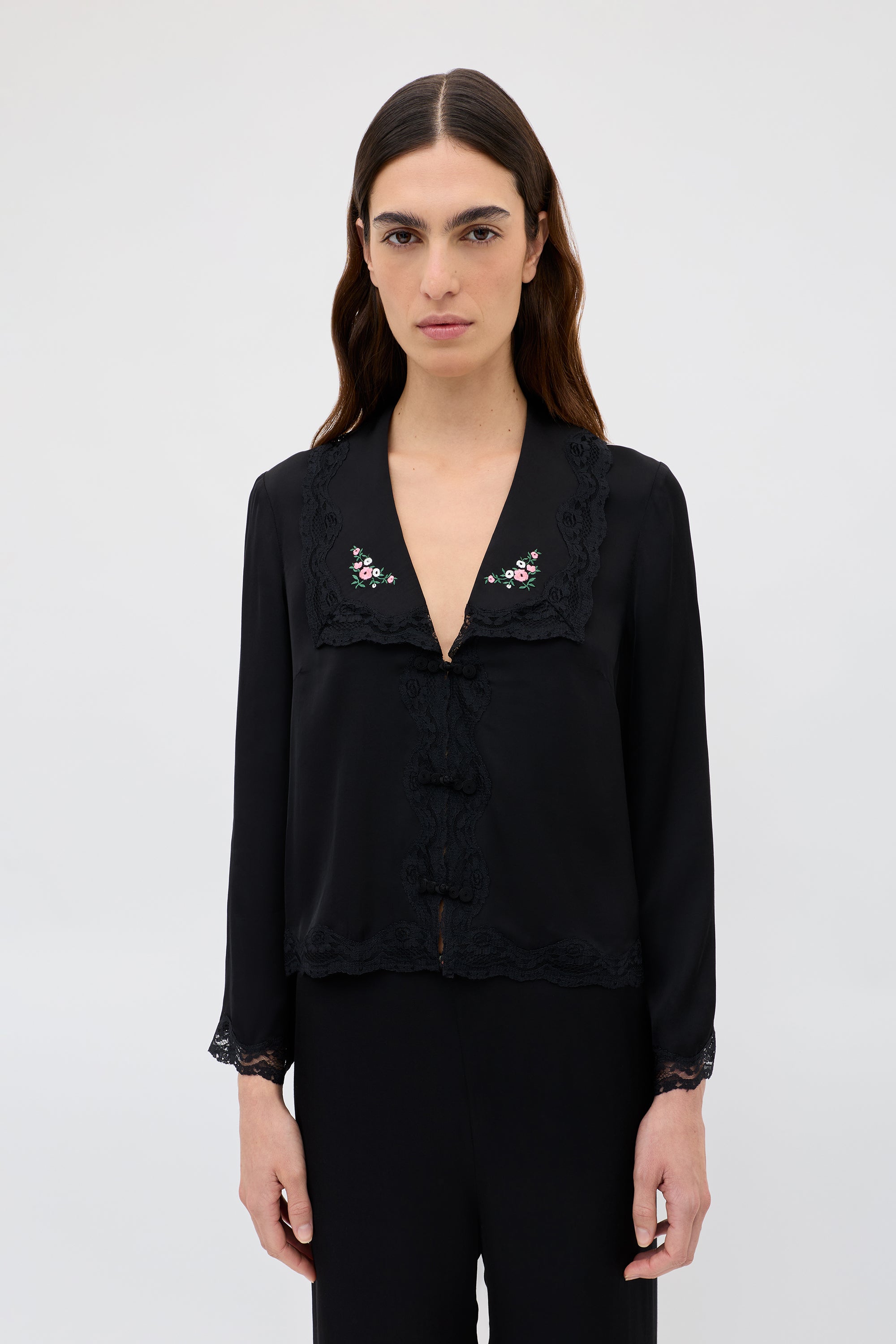Nienna Embroidered Satin Top in Peonies Embroidery Black | RIXO USA ⋆