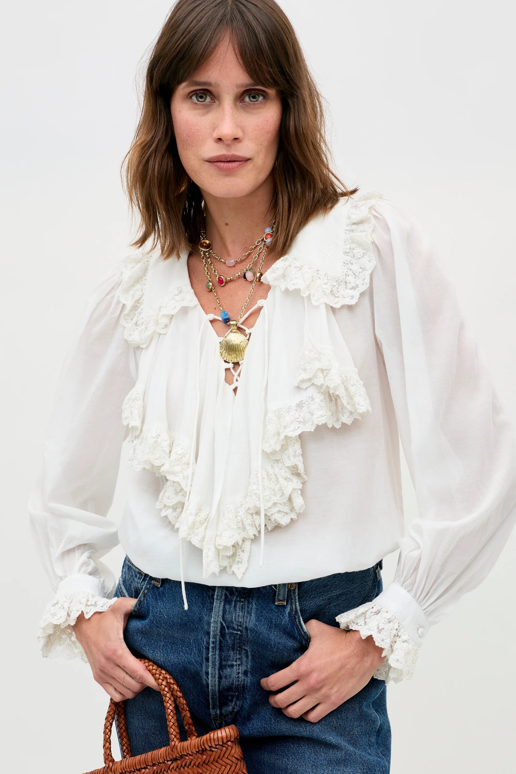 美品 Herlipto オフショル Ruffled Lace Blouse  M Frill See-Through Off-Shoulder Blouse (2024 2nd release) by