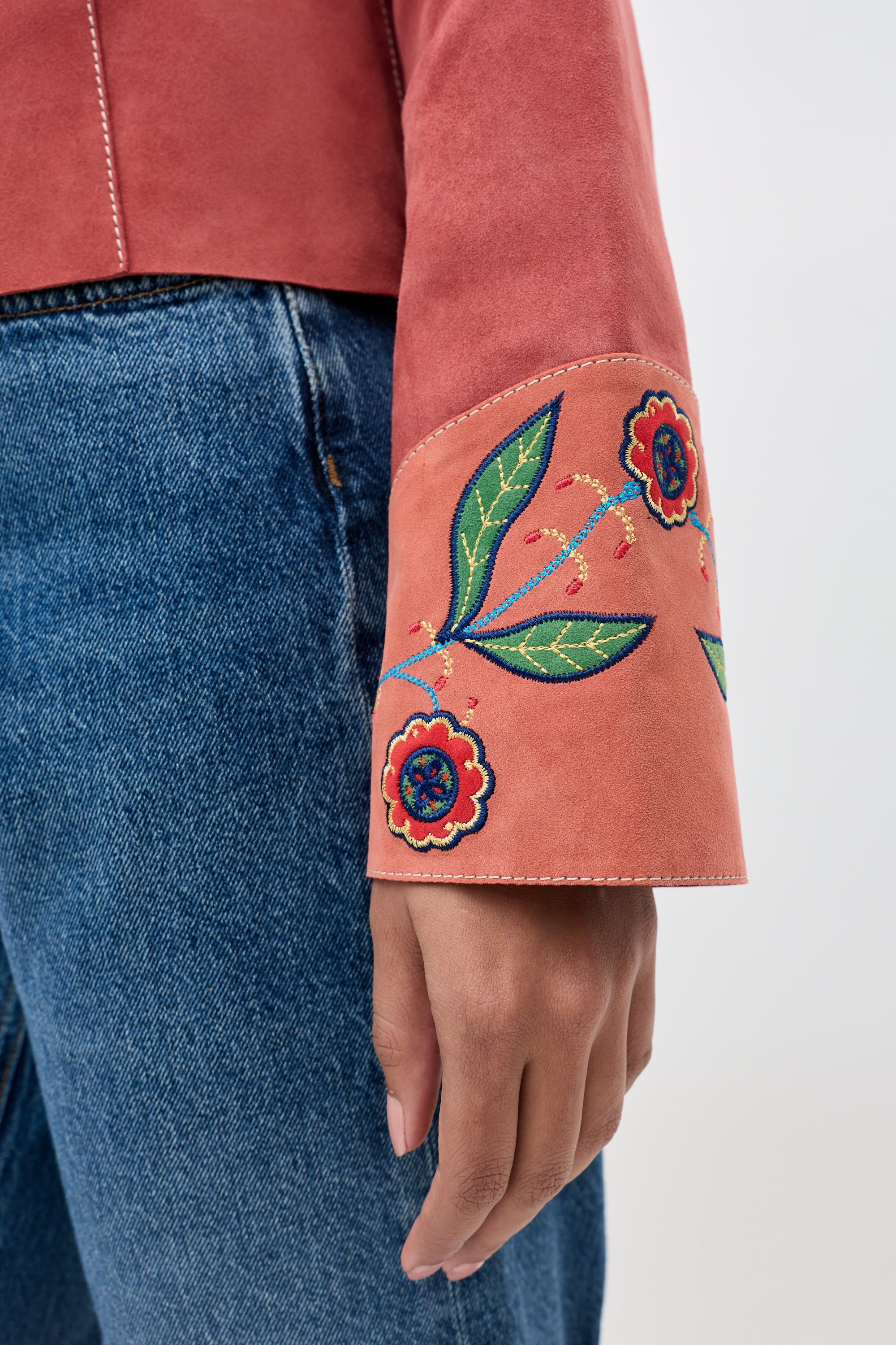 Karmen Embroidered Suede Jacket in Orange Folk Bloom Appliqué