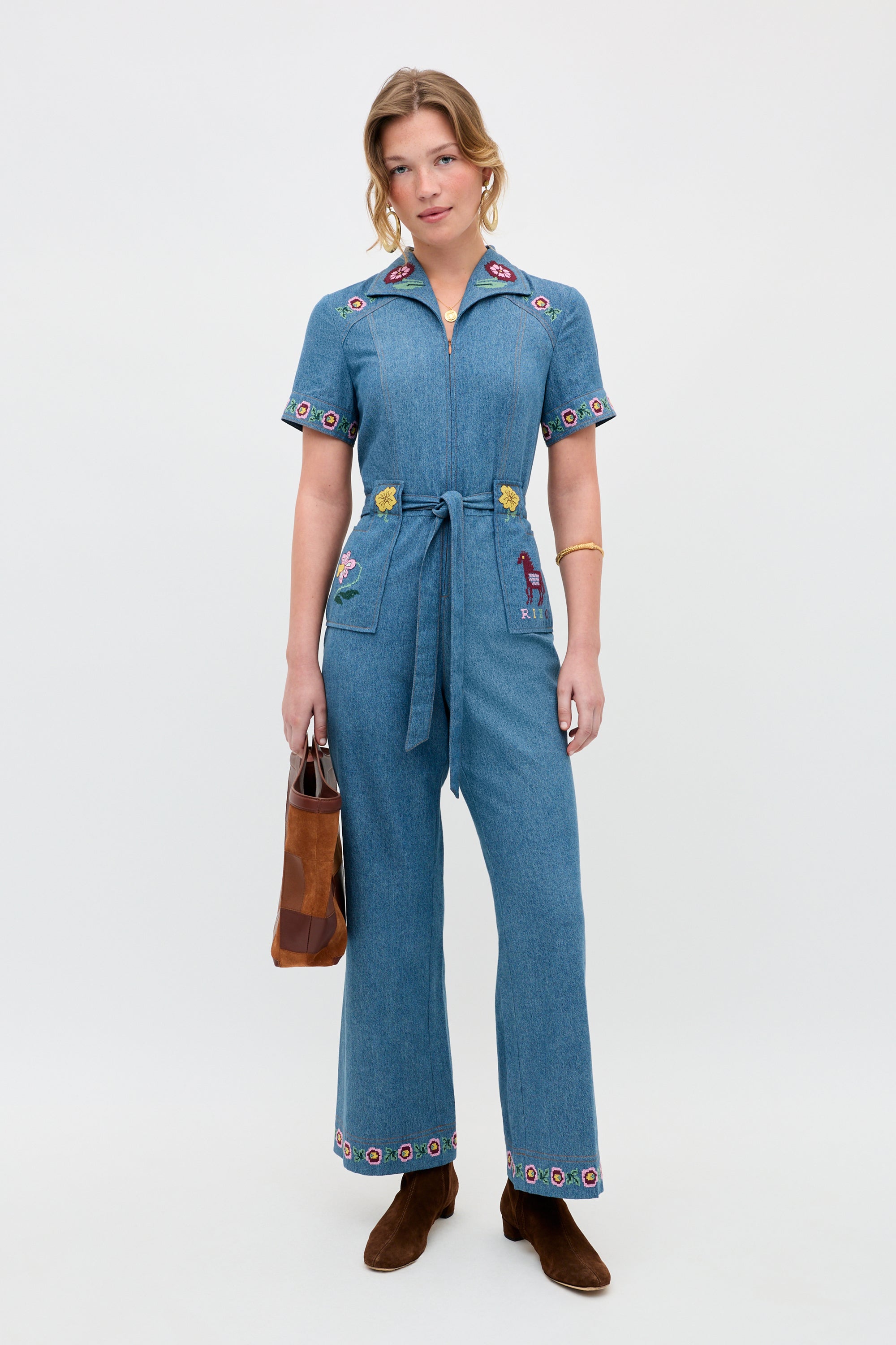 Briana Embroidered Denim Jumpsuit in Juliette Embroidery Blue