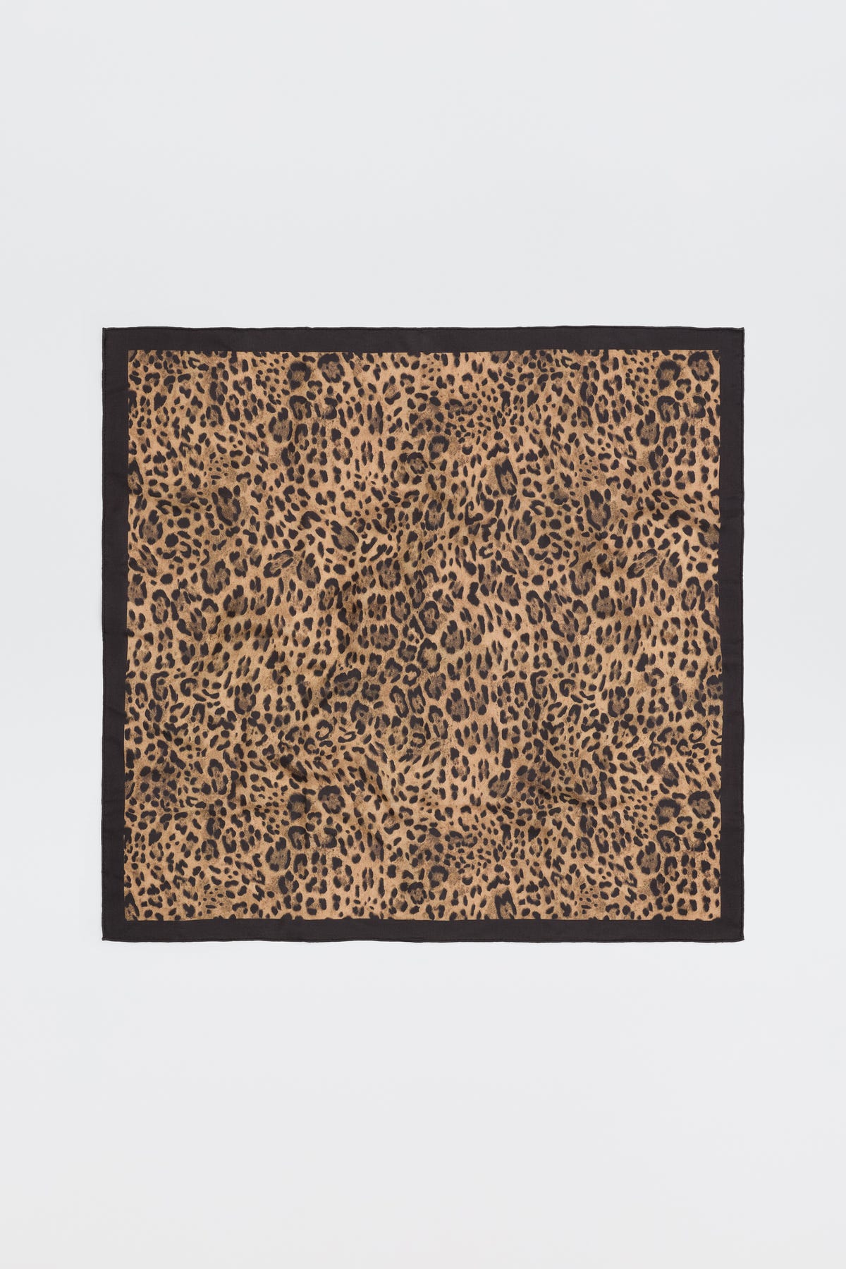 Elianna - Mila Leopard Brown square scarf featuring a leopard print pattern with a solid black border, displayed flat on a plain white background.