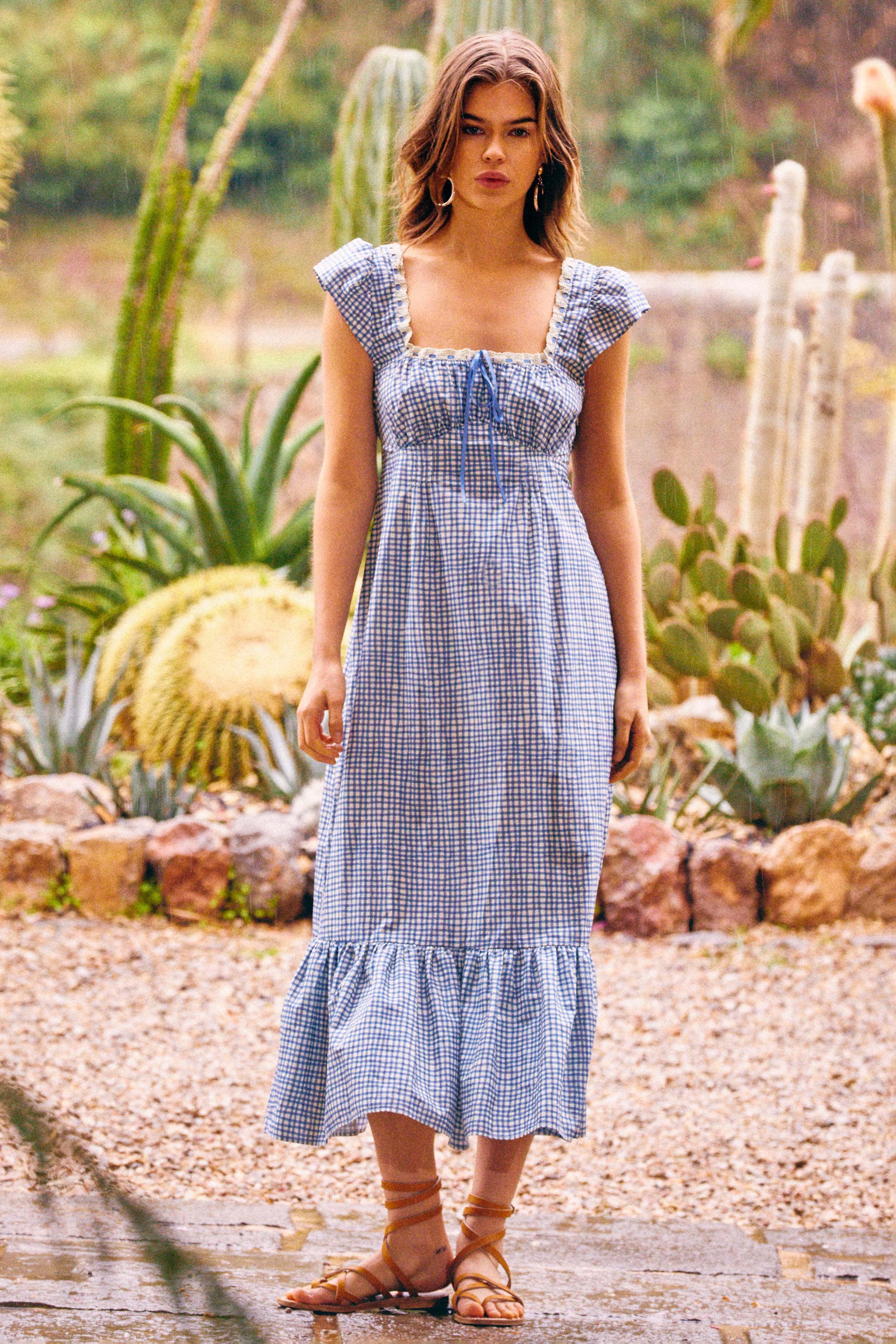 Isla Cotton Midi Dress in Painted Check Soft Blue