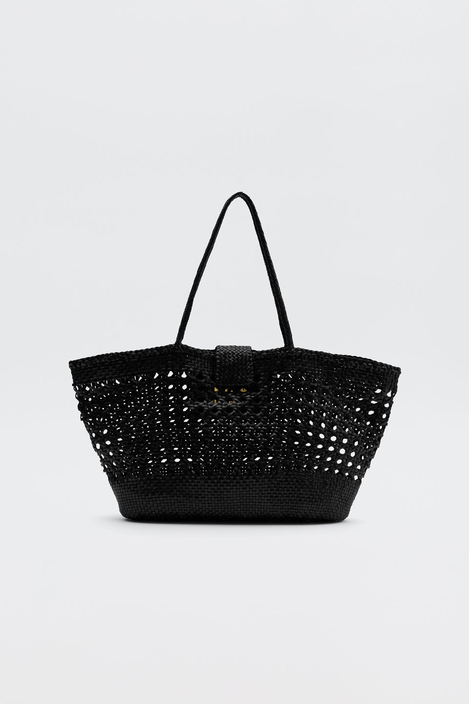 Black woven handbag on a light gray background