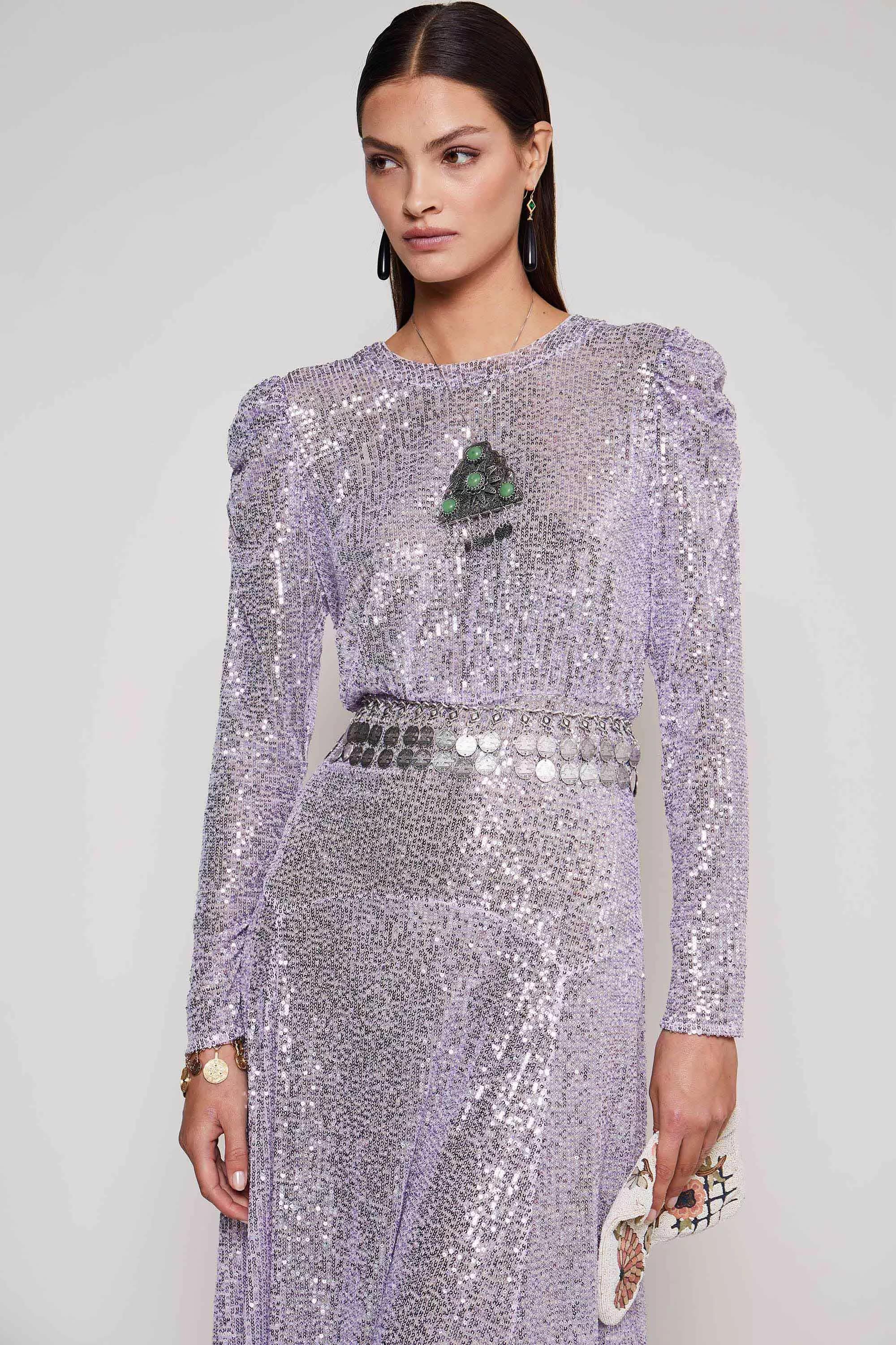 Rayner Midi Dress - V Bar Sequin Bodycon Dress in Lilac