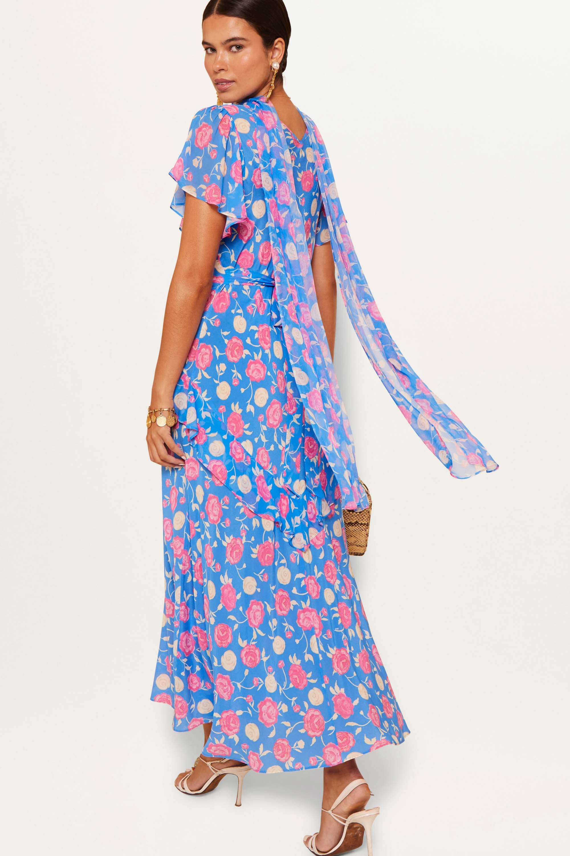 Evie Silk Midi Dress in Rose Shell Blue