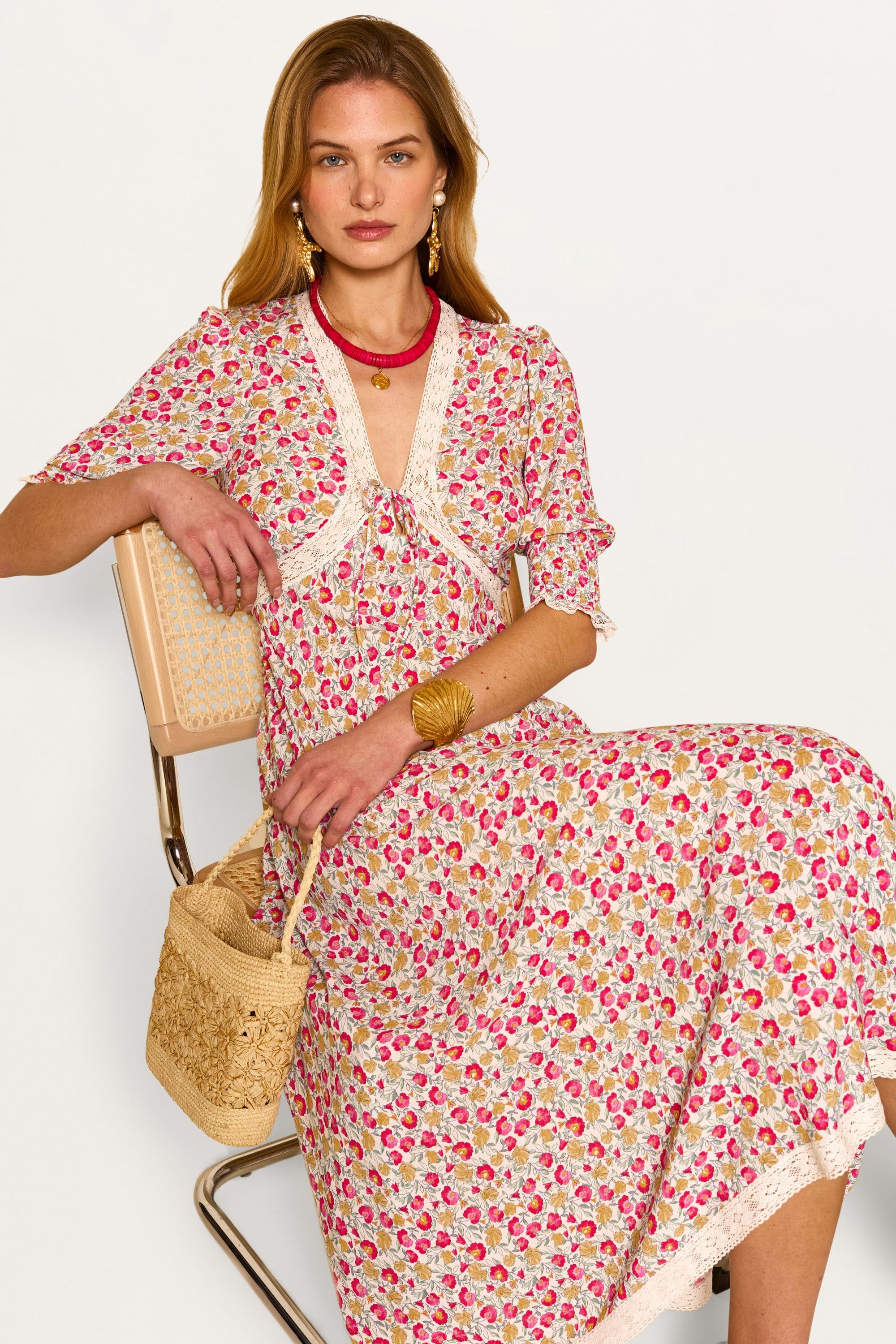 Amina Midi Dress in Pink Shell Pansy Ivory | RIXO USA Amina Midi Dress in Pink Shell Pansy Ivory | RIXO USA