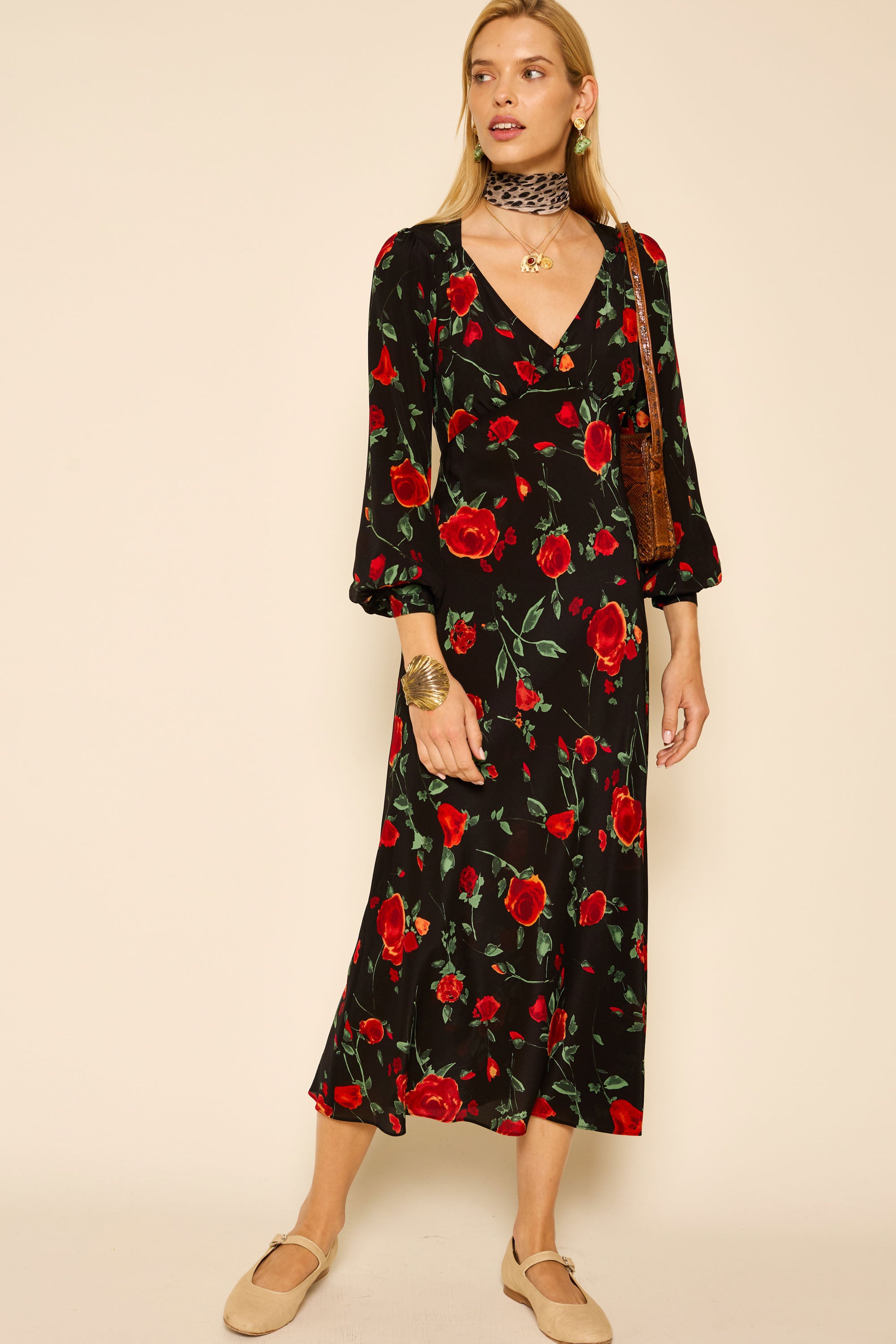 black floral midi dress Mavis Silk Midi Dress in Claudia Rose Black