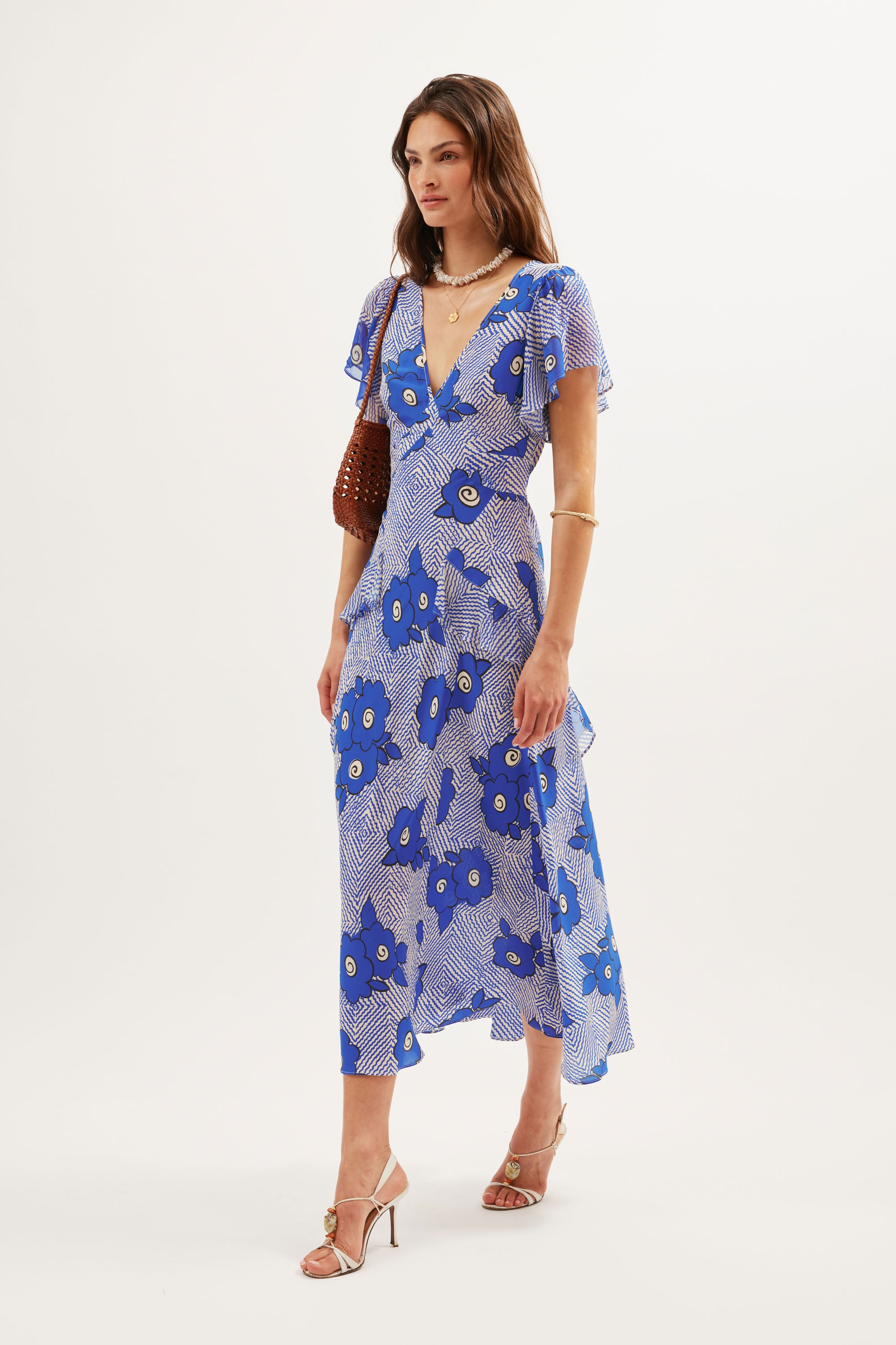 Evie Silk Midi Dress in Milos Floral Blue | RIXO USA Evie Silk Midi Dress in Milos Floral Blue | RIXO USA