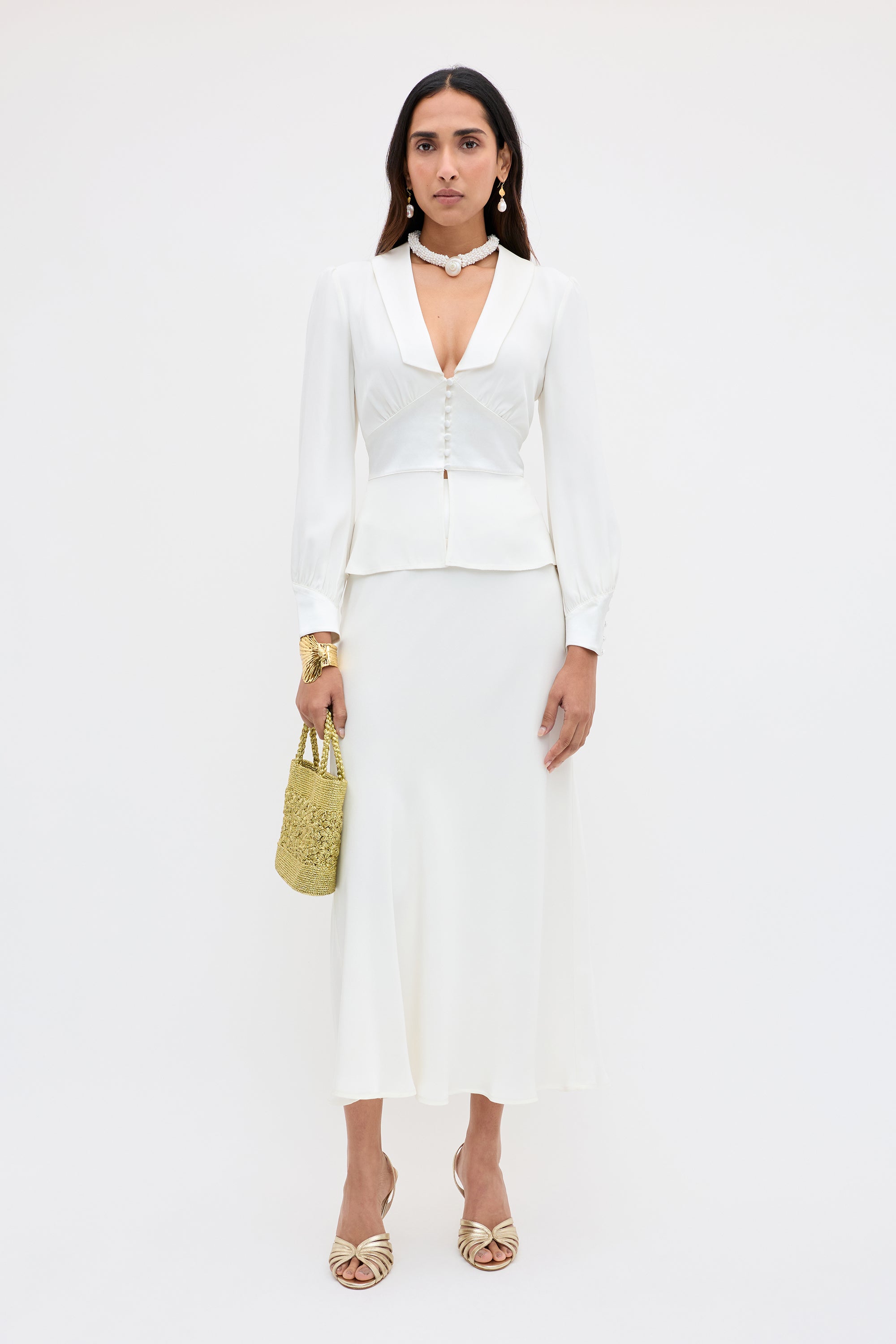 24SS 完売品　マークアンドロナ　ACD Pleats Skirt 白 Joan Silk Skirt in Ivory Satin Back Silk Crepe